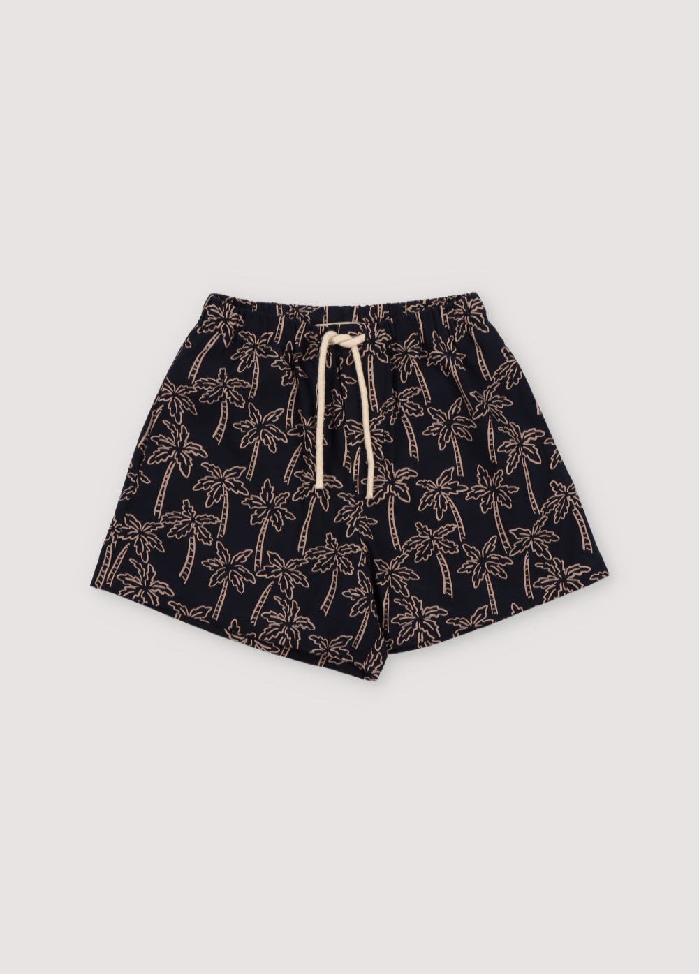 Ithaki Bermuda in 100% cotton with our Palms Navy print, elastic waistband, and adjustable drawstring.