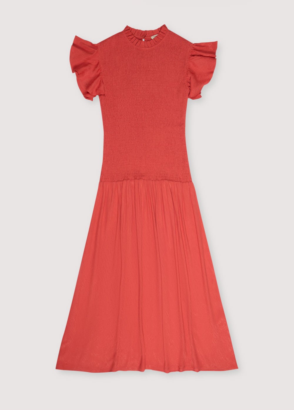 Robe longue en jacquard d'une jolie couleur chili avec smocks sur le corsage et volants sur les épaules. Collection Printemps Été. The New Society.