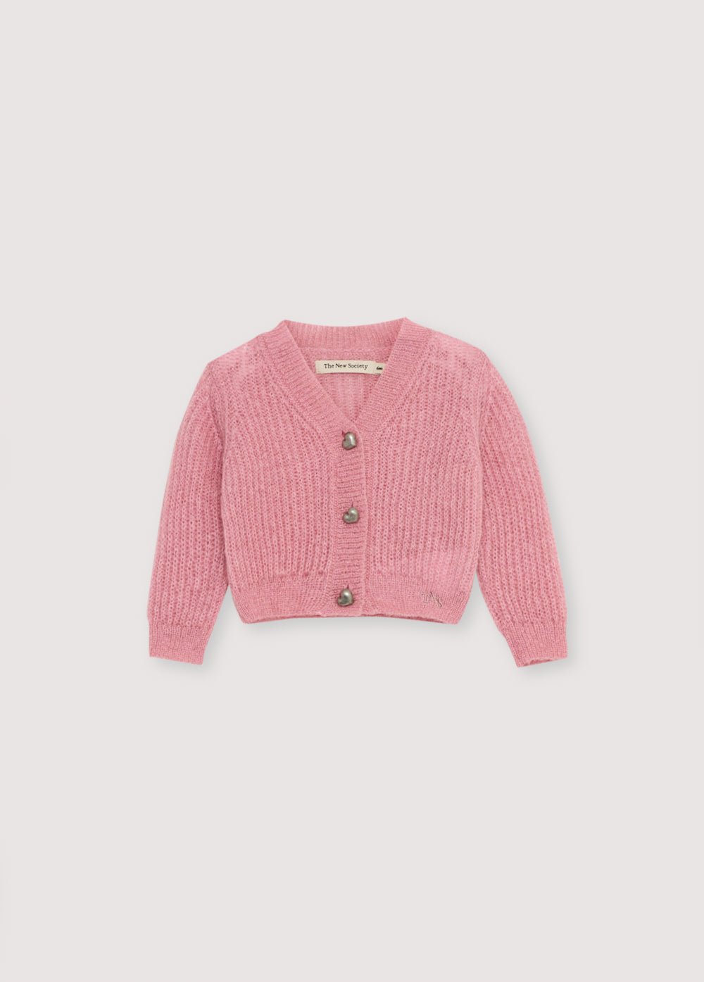 Cardigan en mohair en fine côte avec une encolure V et des boutons originaux en forme de cœur argentés. Il s'associe parfaitement avec des leggings en tricot assortis pour un look complet.