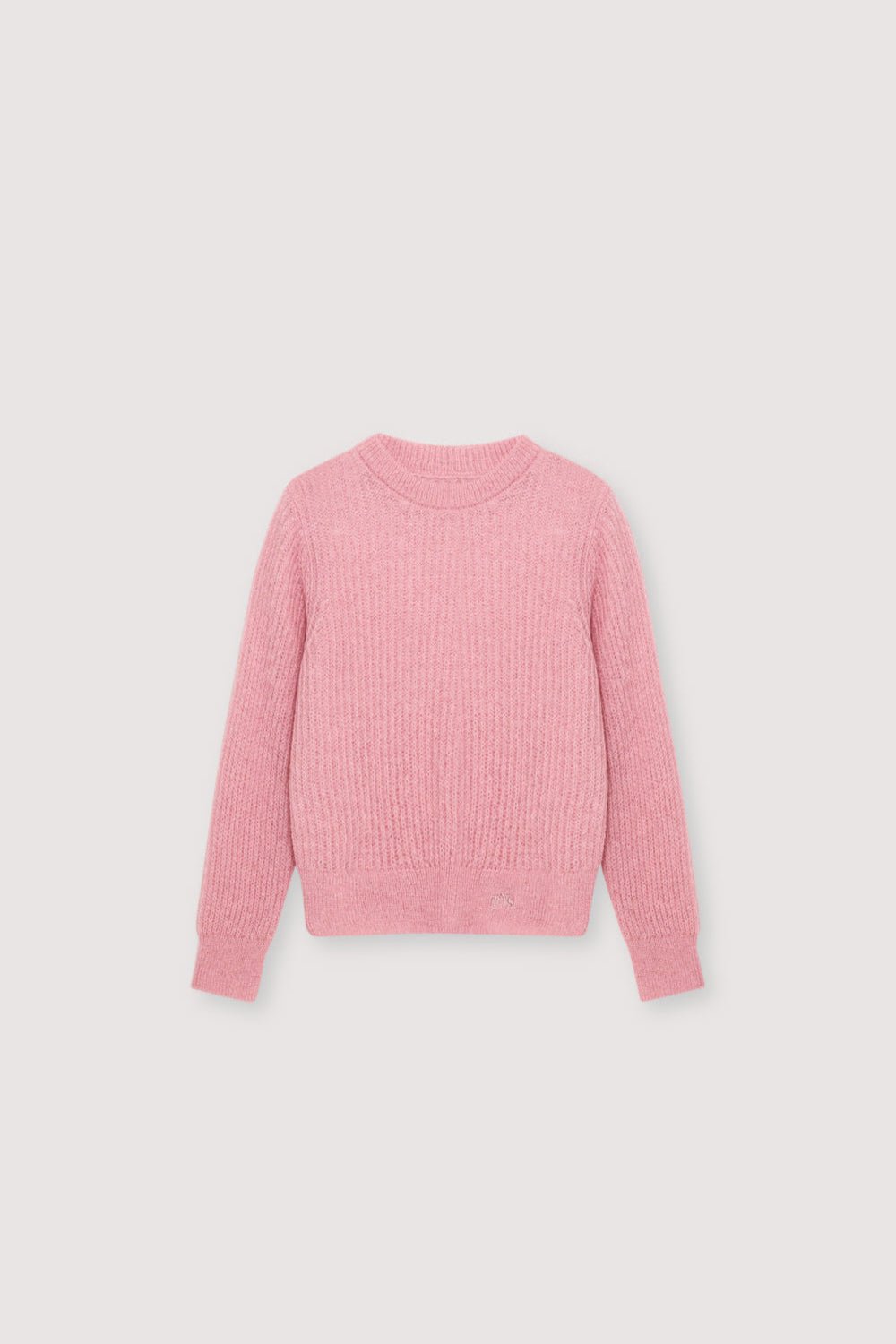 Fine rib knit mohair sweater with a round neckline and ribbing at the neck, cuffs, and hem. It feautures a TNS embroidery on tone on hem rib.