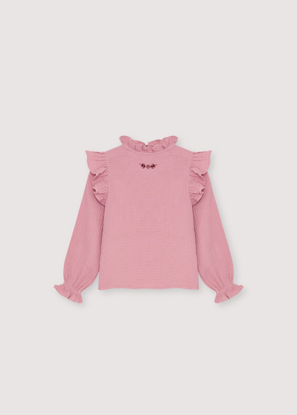 One of our classic double gauze blouse patterns, featuring contrasting embroidery detail at the front.