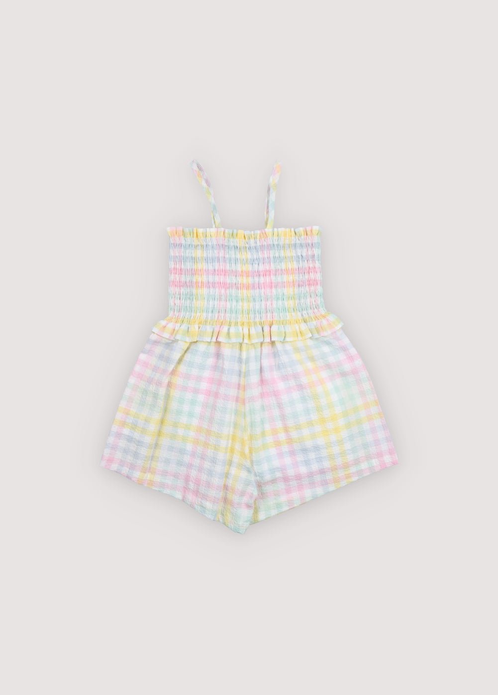 Cotton jumpsuit in lightweight seersucker fabric with a pretty colorful check pattern.