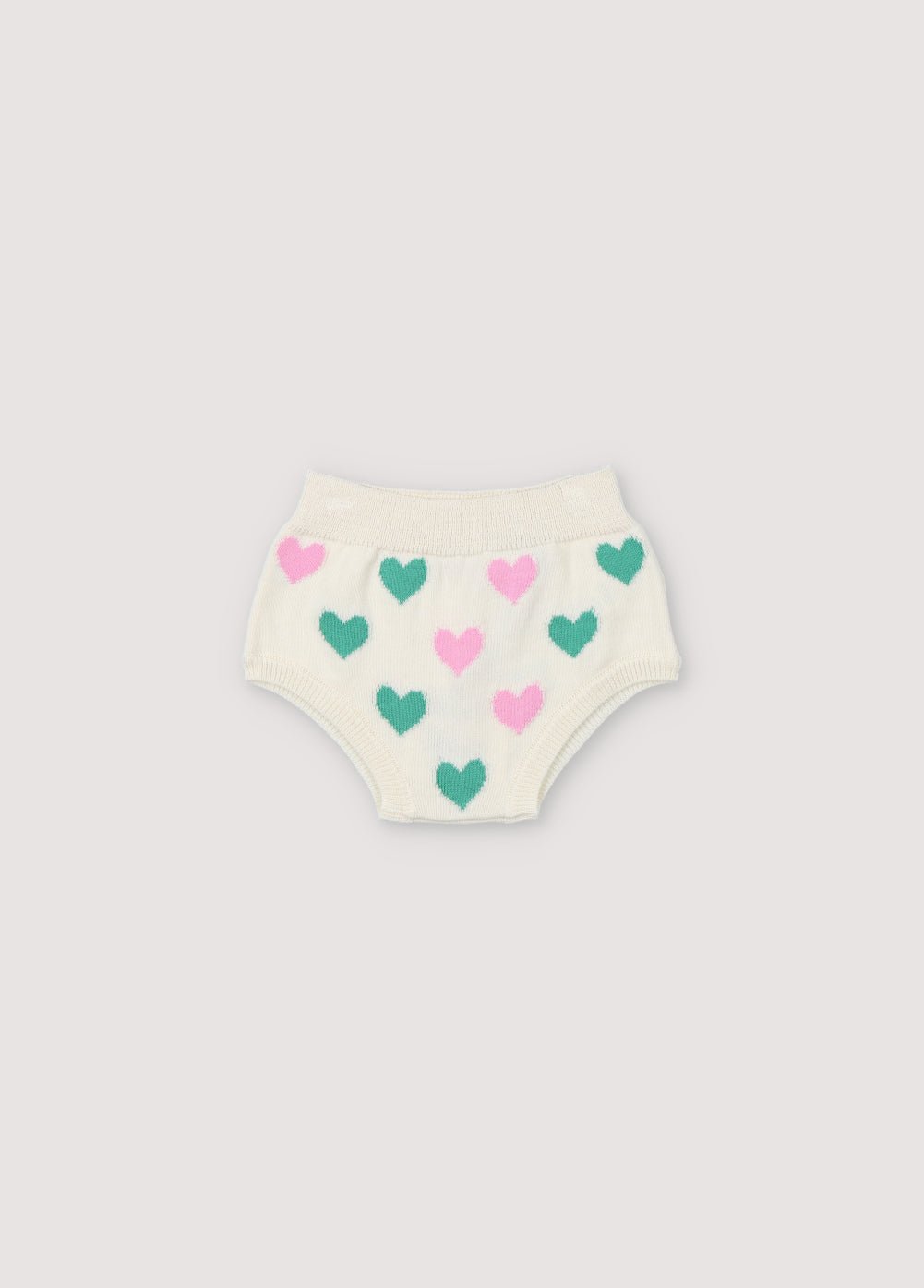 Bicolor heart intarsia bloomer with ribbed waistband and cuffs. It has a matching top. Spring Summer Collection. The New Society.
