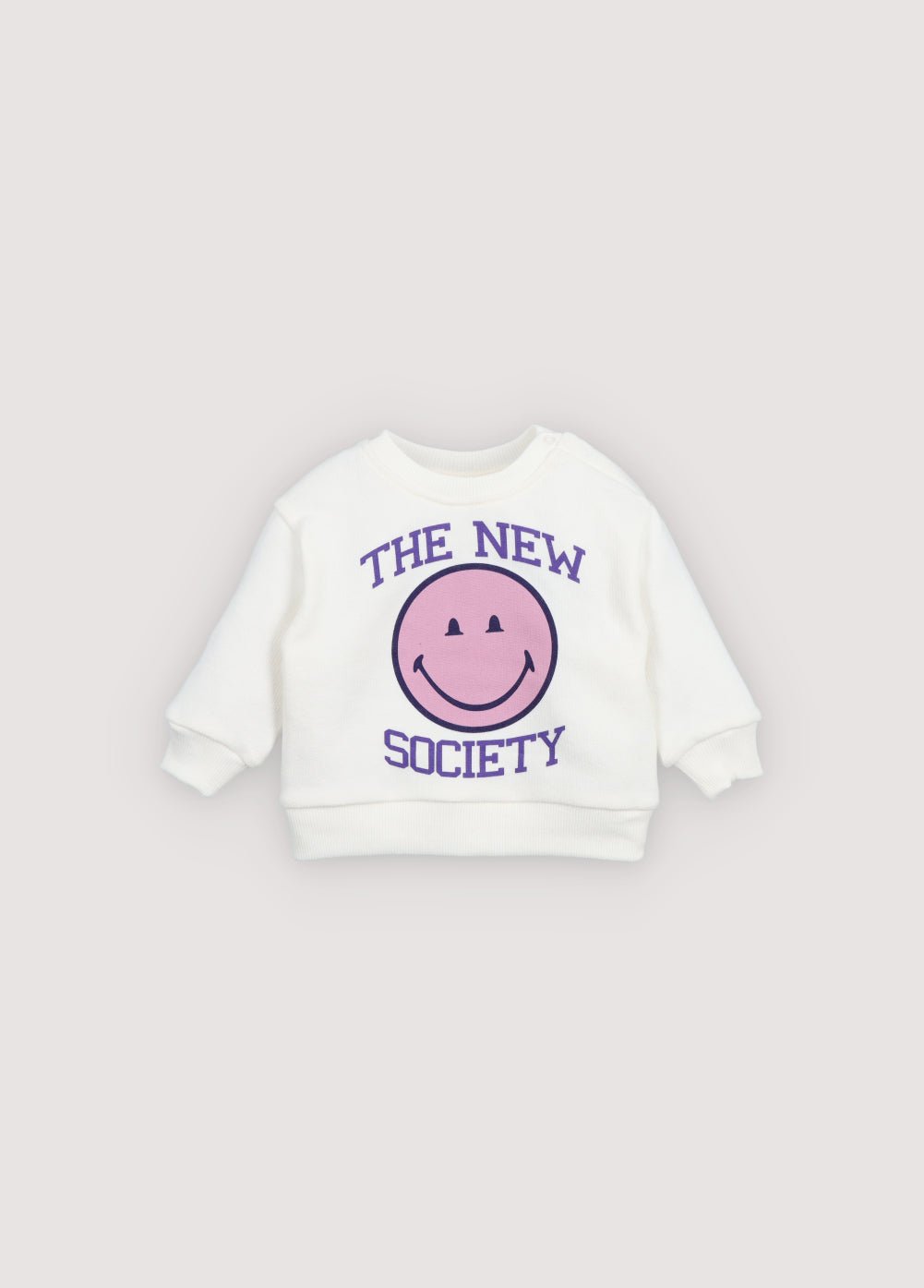 前面にカラフルなSMILEY WORLDプリントが施されたコットンエラスタンのスウェットシャツ。トーンオントーンのスナップボタンで肩が開きます。