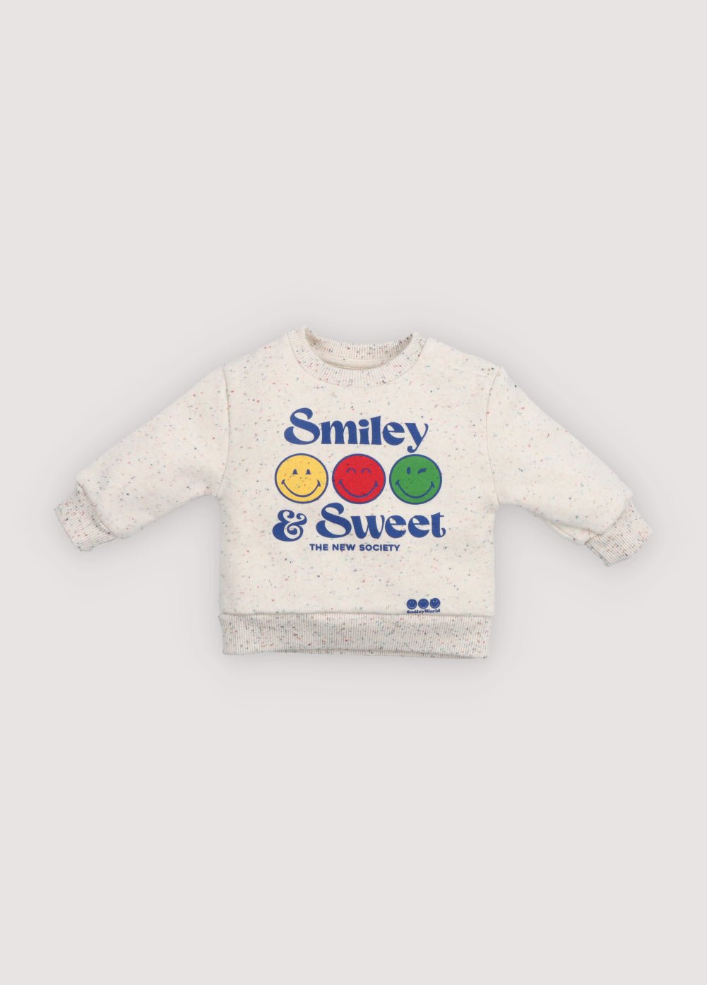 Fun speckled sweatshirt with ribbed trims, a SmileyWorld® print on the front, and shoulder snaps for easy wear.