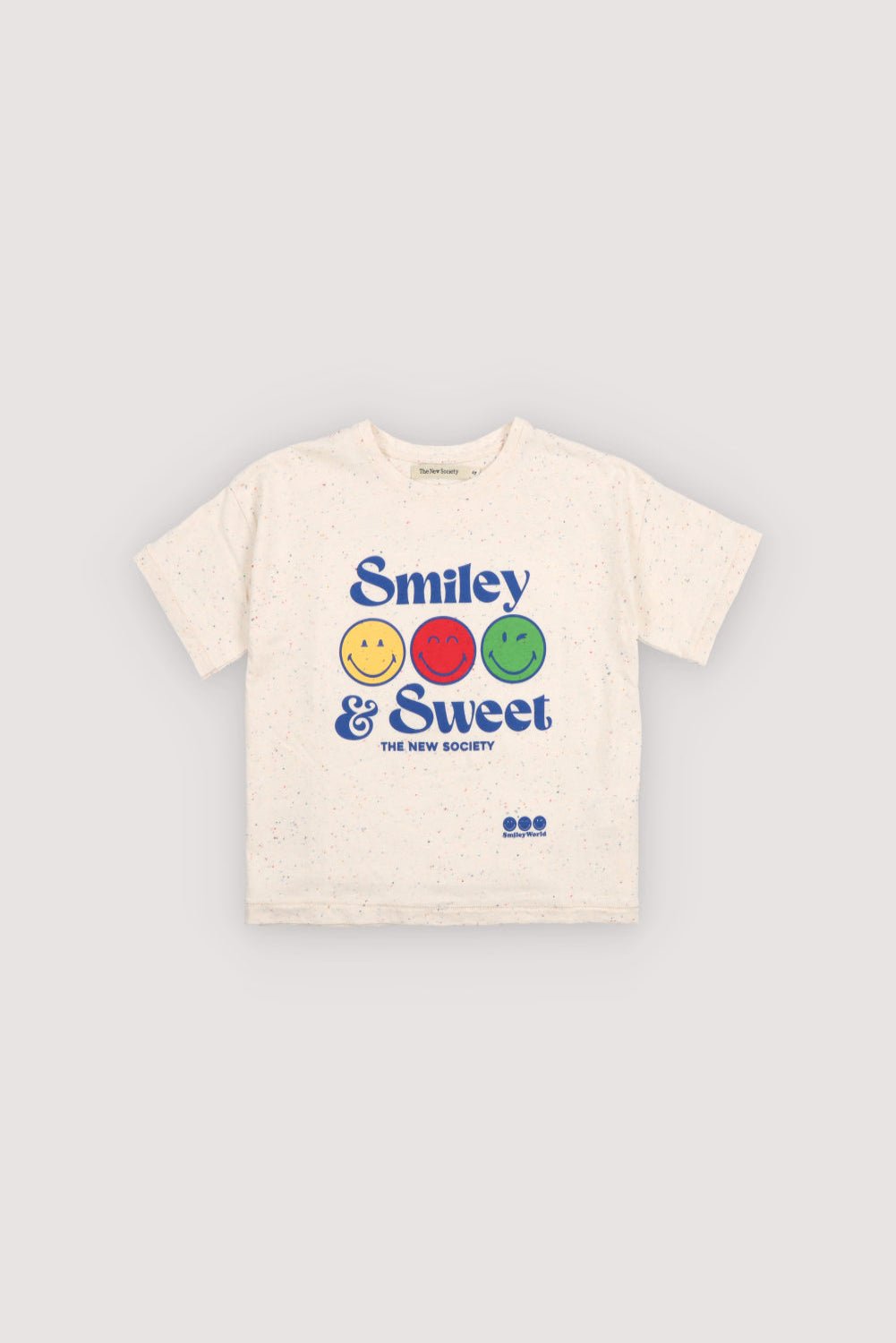 Front view of a fun, lightweight speckled jersey T-shirt with SmileyWorld® graphic print for a playful look.