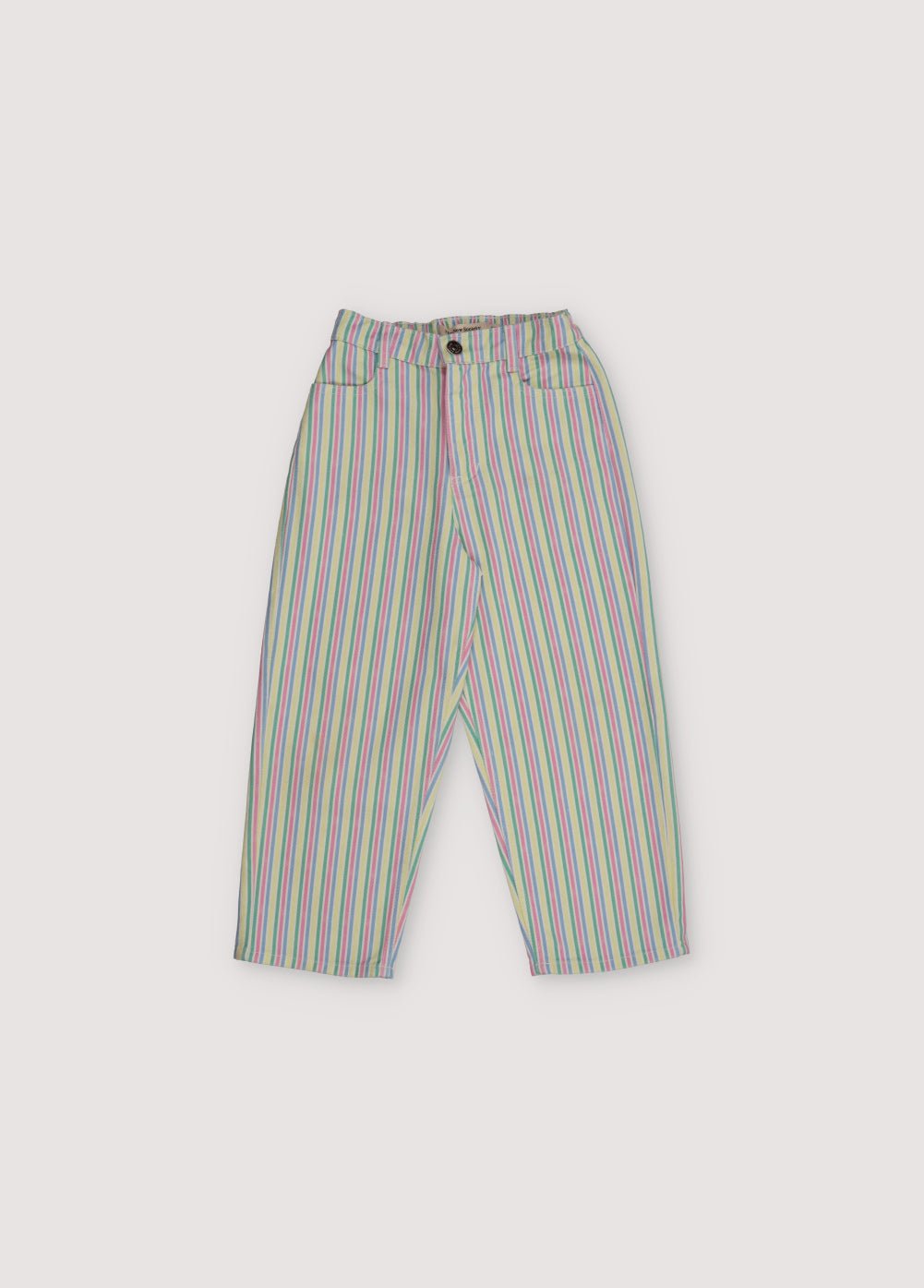 Denim trousers with a colorful multicolored stripe print and an elastic waistband at the back. Spring Summer Collection. The New Society.