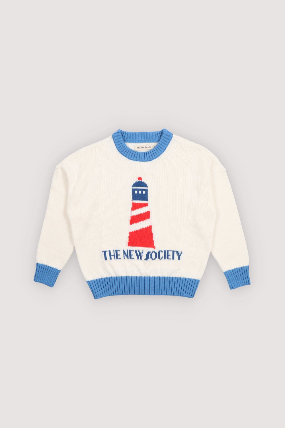 Kinderpullover aus 100 % Baumwolle mit Leuchtturm-Print und The New Society Text