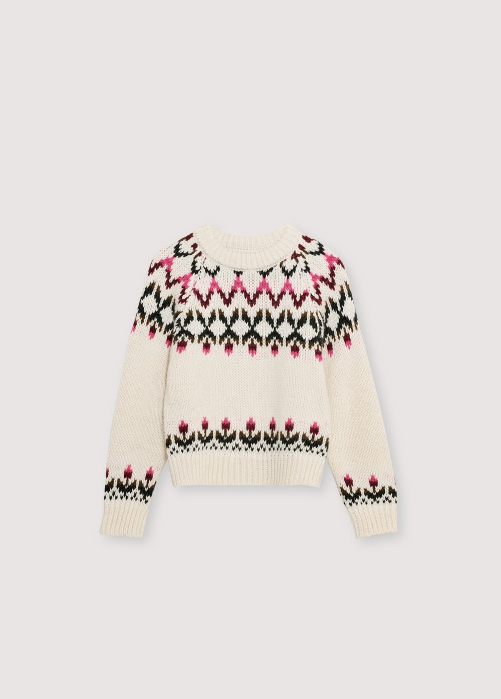 Jumper made from a soft alpaca and wool blend, featuring a beautiful colorful floral jacquard pattern on the front, back, and sleeves. It has ribbing at the neckline, hem, and cuffs.