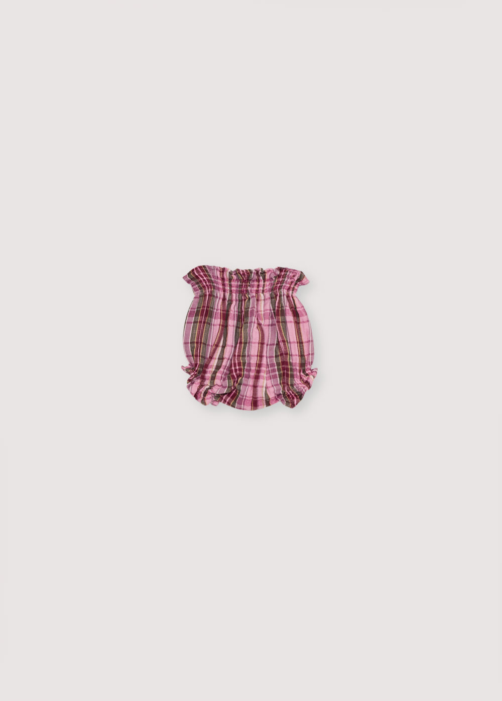 
Baby bloomer in checkered double gauze, with elastic at the cuffs and waistband. Perfect to create a total look with the blouse.