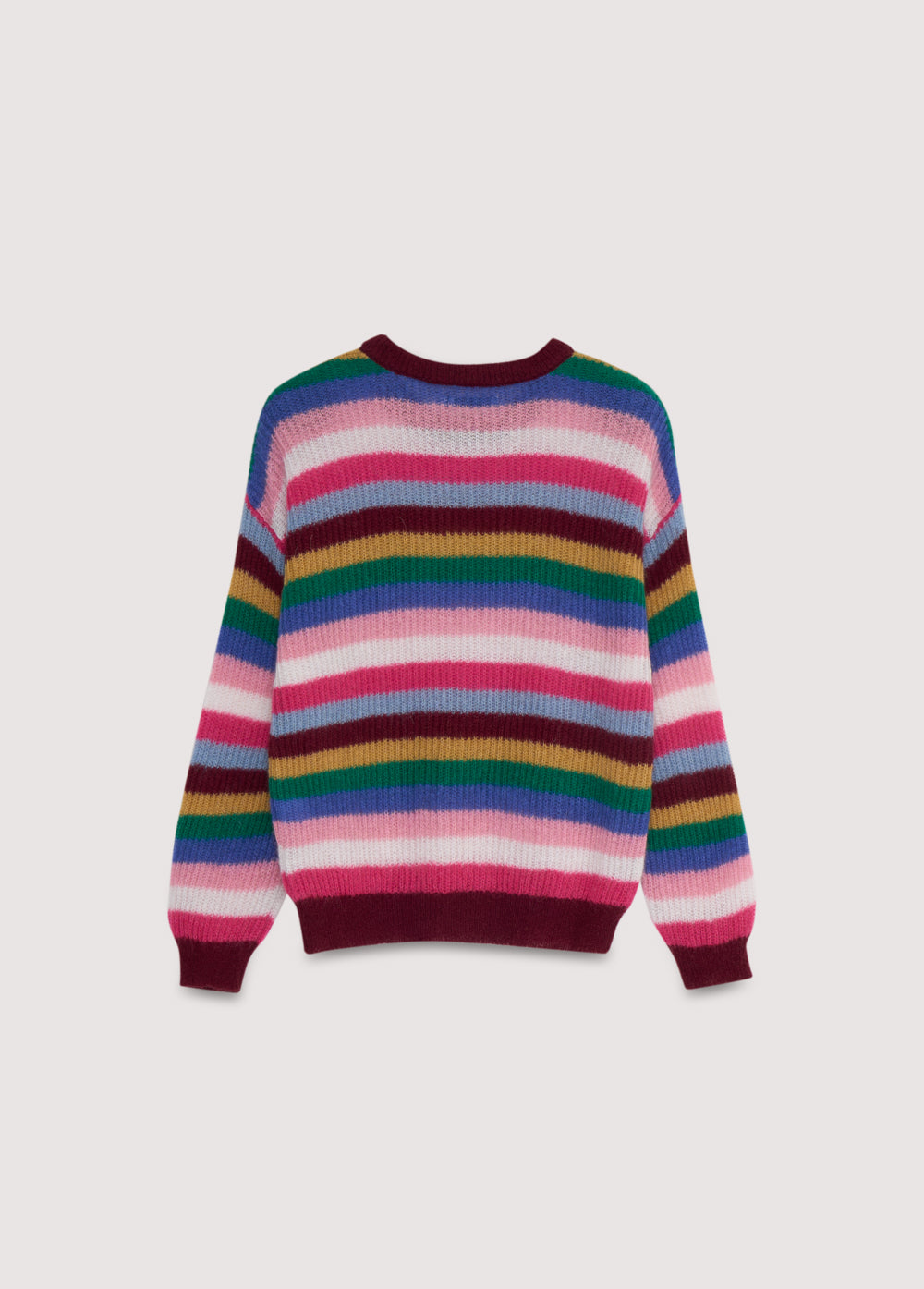 Fine-knit multicolor mohair sweater with a round neckline.