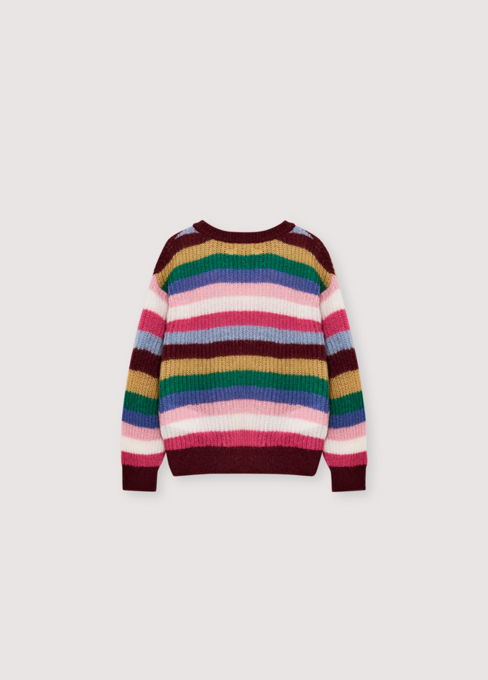 Fine-knit multicolor mohair sweater with a round neckline. It has a contrasting embroidered detail on the chest.