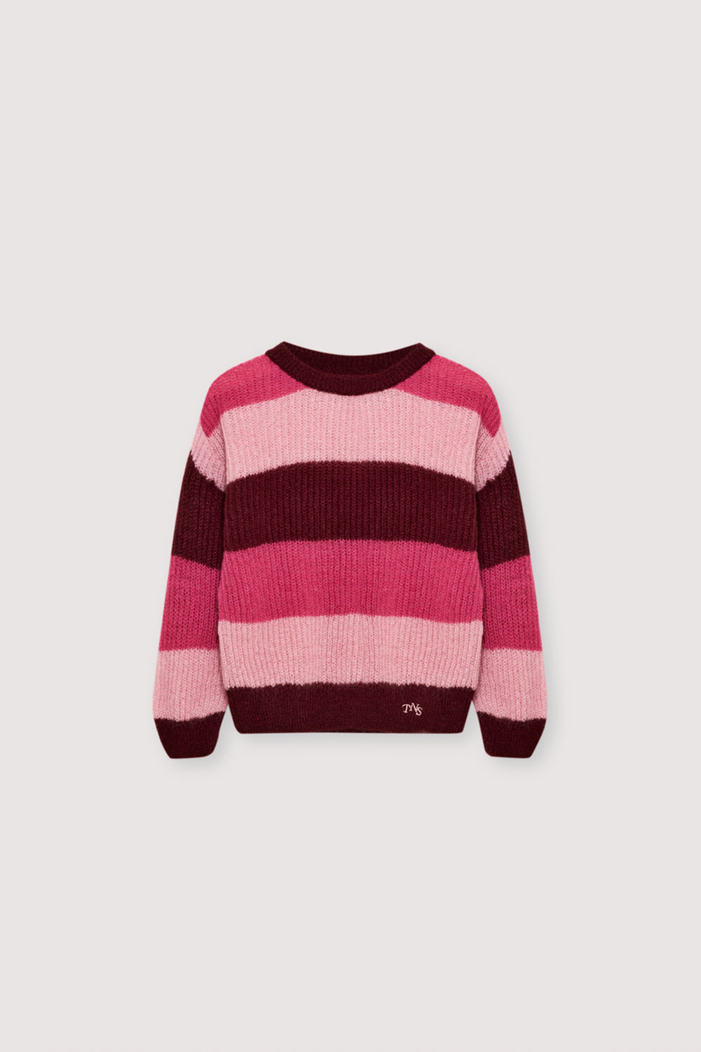Fine-knit multicolor mohair sweater with a round neckline. It has a contrasting embroidered detail on the chest