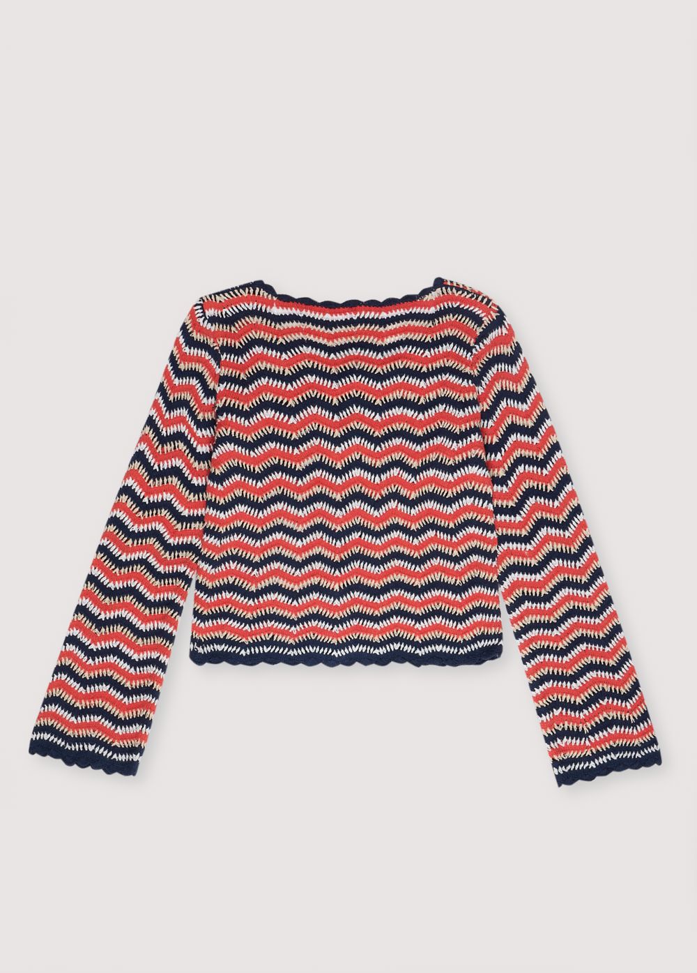 Long-sleeved tricolor crochet cardigan with front opening, curved finishes and  crochet tone-on-tone buttons. This is a perfect garment to pair with matching pants. Spring Summer Collection. The New Society. 