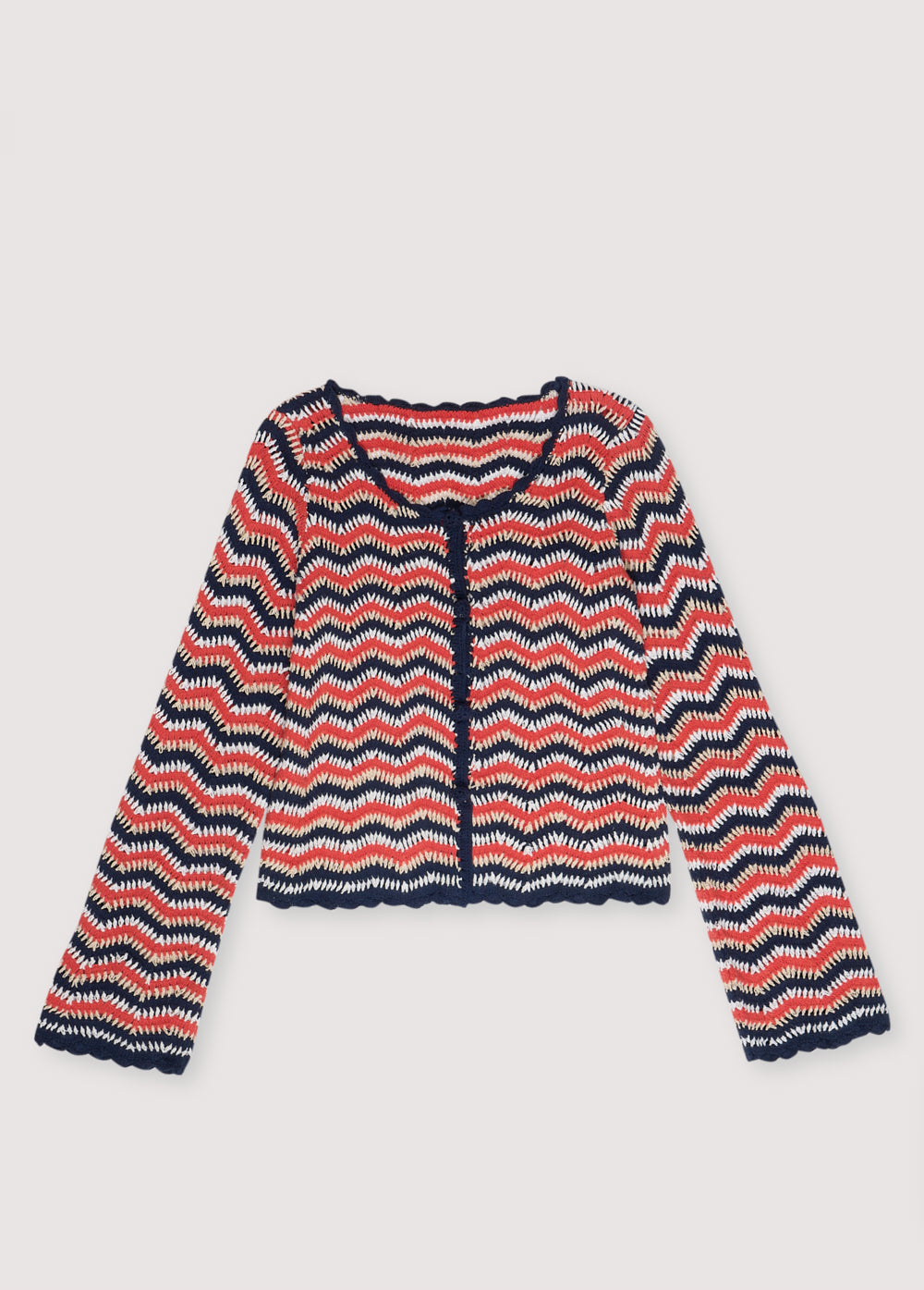 Long-sleeved tricolor crochet cardigan with front opening, curved finishes and  crochet tone-on-tone buttons. This is a perfect garment to pair with matching pants. Spring Summer Collection. The New Society. 