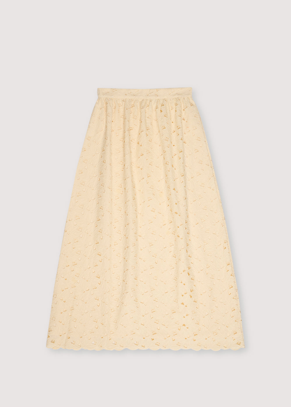 Atenea Woman Skirt in embroidered blend cotton fabric in macadamia color, featuring an elastic waistband.