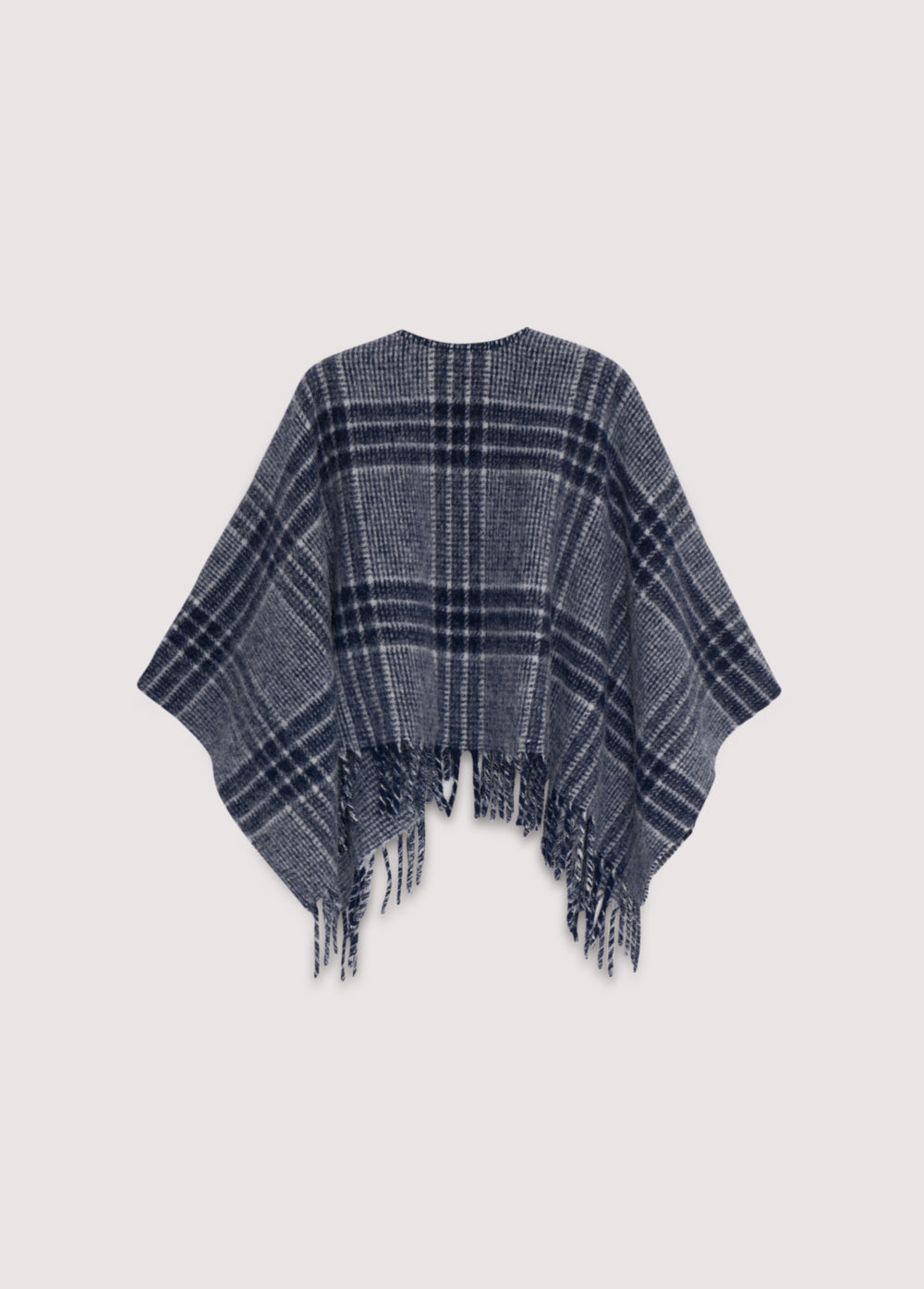 Wool poncho made in Italy, featuring beautiful navy checkered patterns and finished with fringed edges.