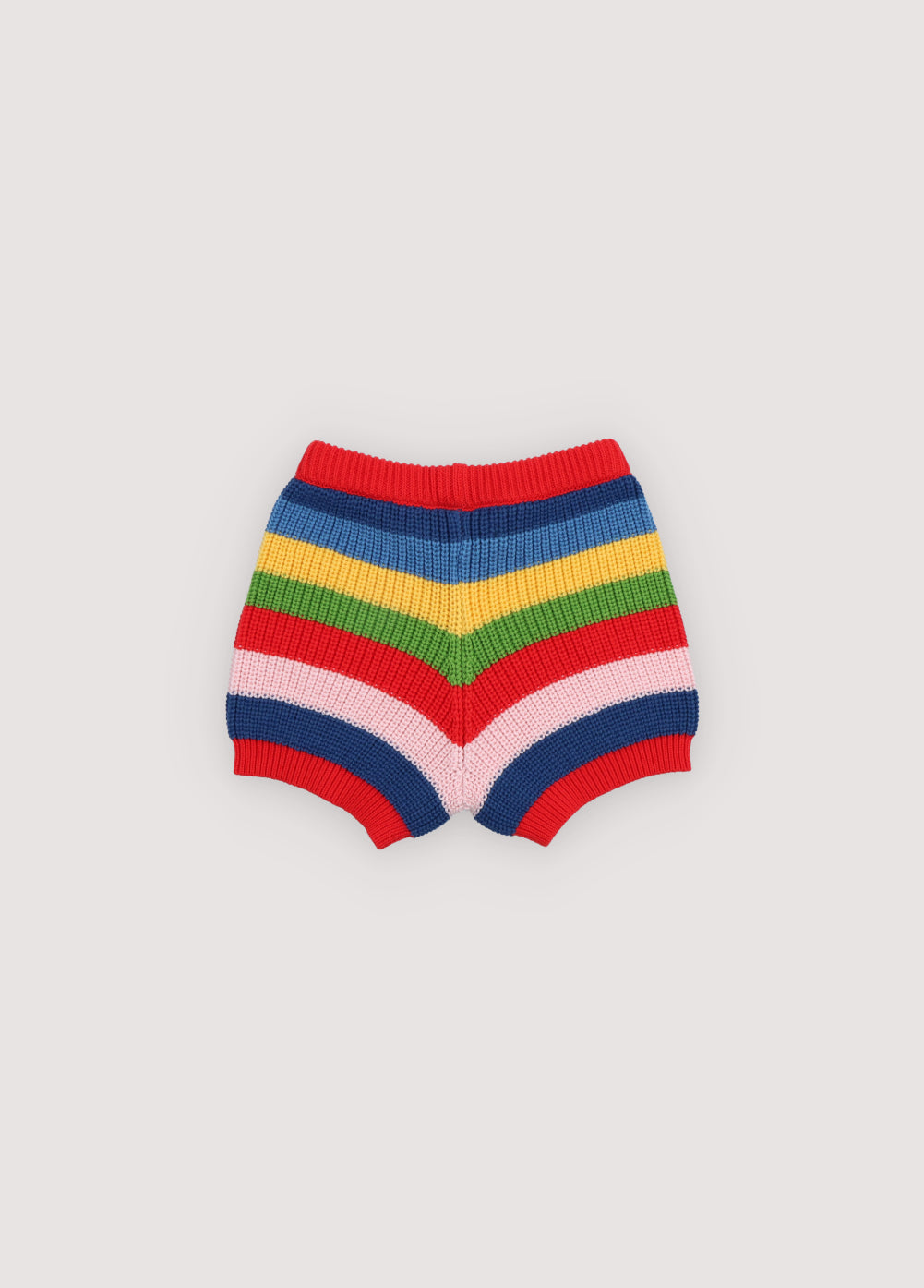 Fine cotton knit shorts featuring a playful multicolor stripe pattern and a ribbed elastic waistband for a comfortable fit