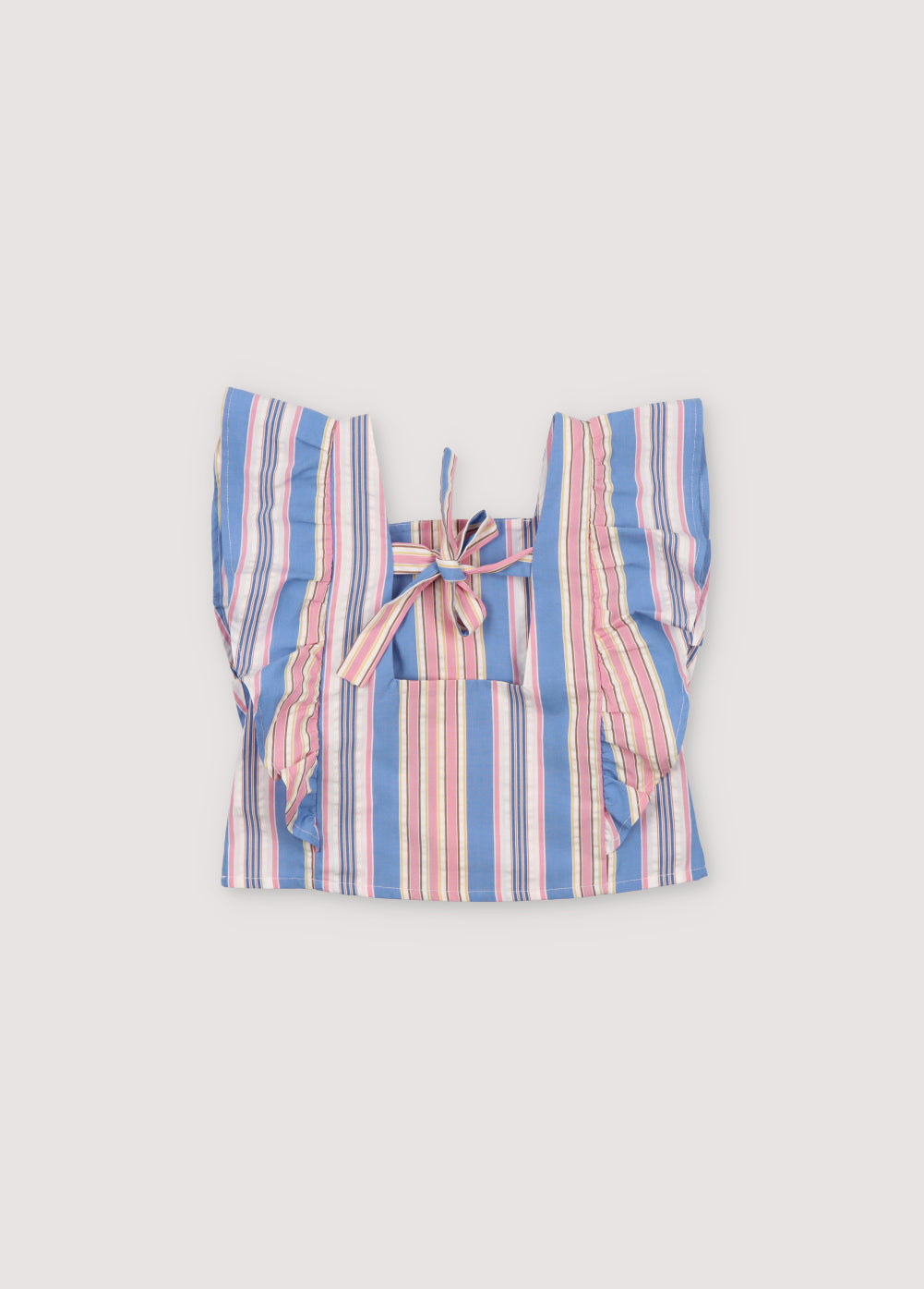 Chara Blouse in 100% cotton striped fabric, with ruffles on the sides and adjustable back with a tie.