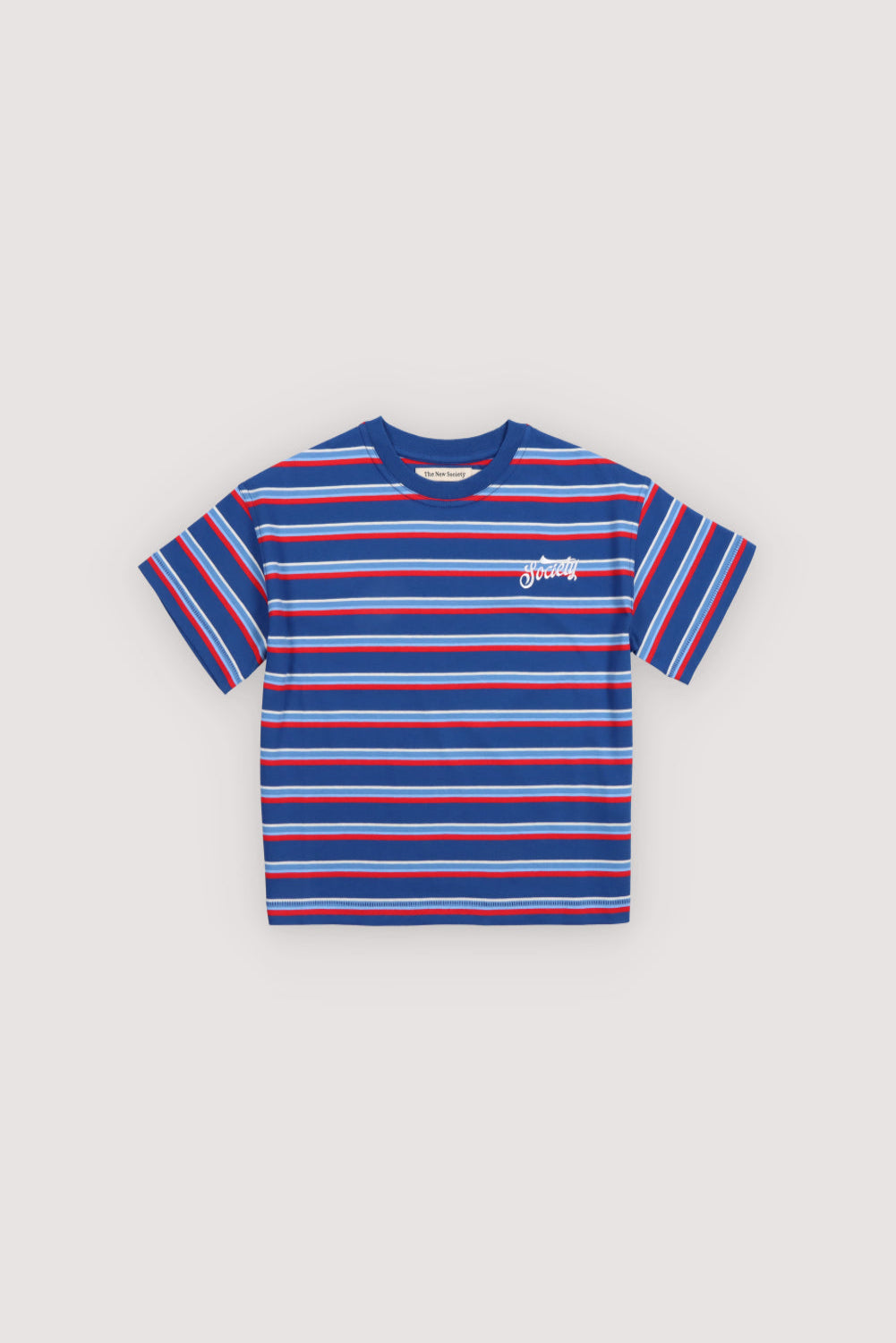 Cotton jersey T-shirt featuring multicolor stripes and a Society embroidery detail on the chest for a distinctive touch.