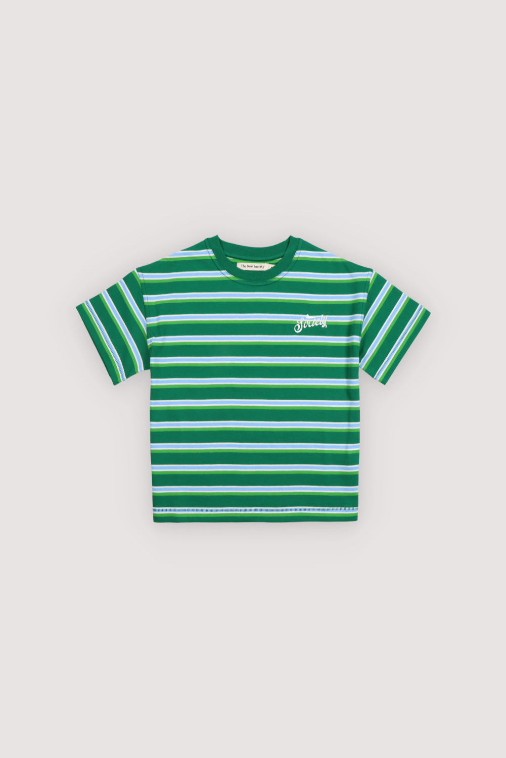 Cotton jersey T-shirt featuring multicolor stripes and a Society embroidery detail on the chest for a distinctive touch.