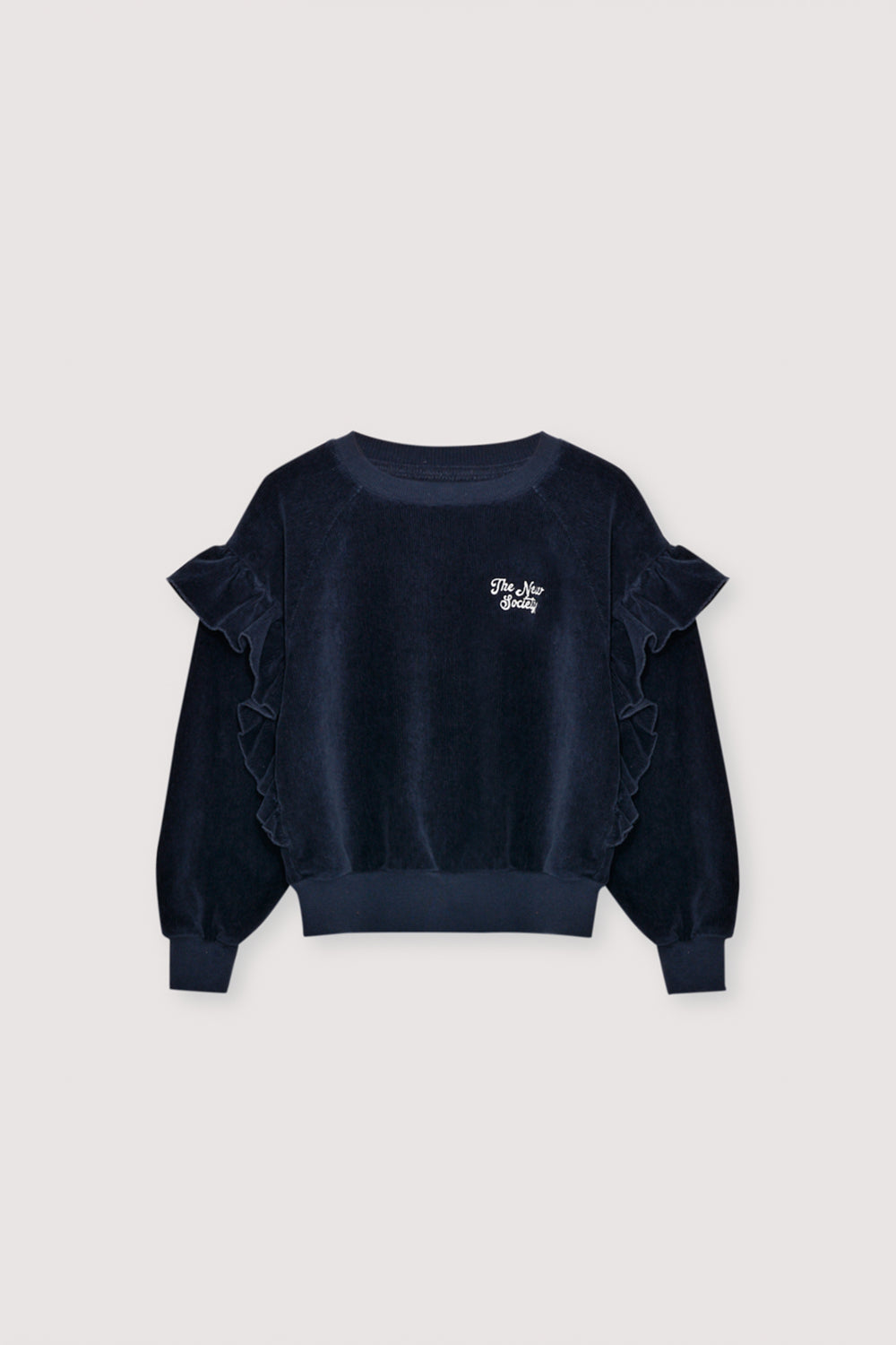 Velour sweatshirt with a unique ruffle detail on the shoulders and brand embroidery on the chest. It comes with matching pants to complete the look.
