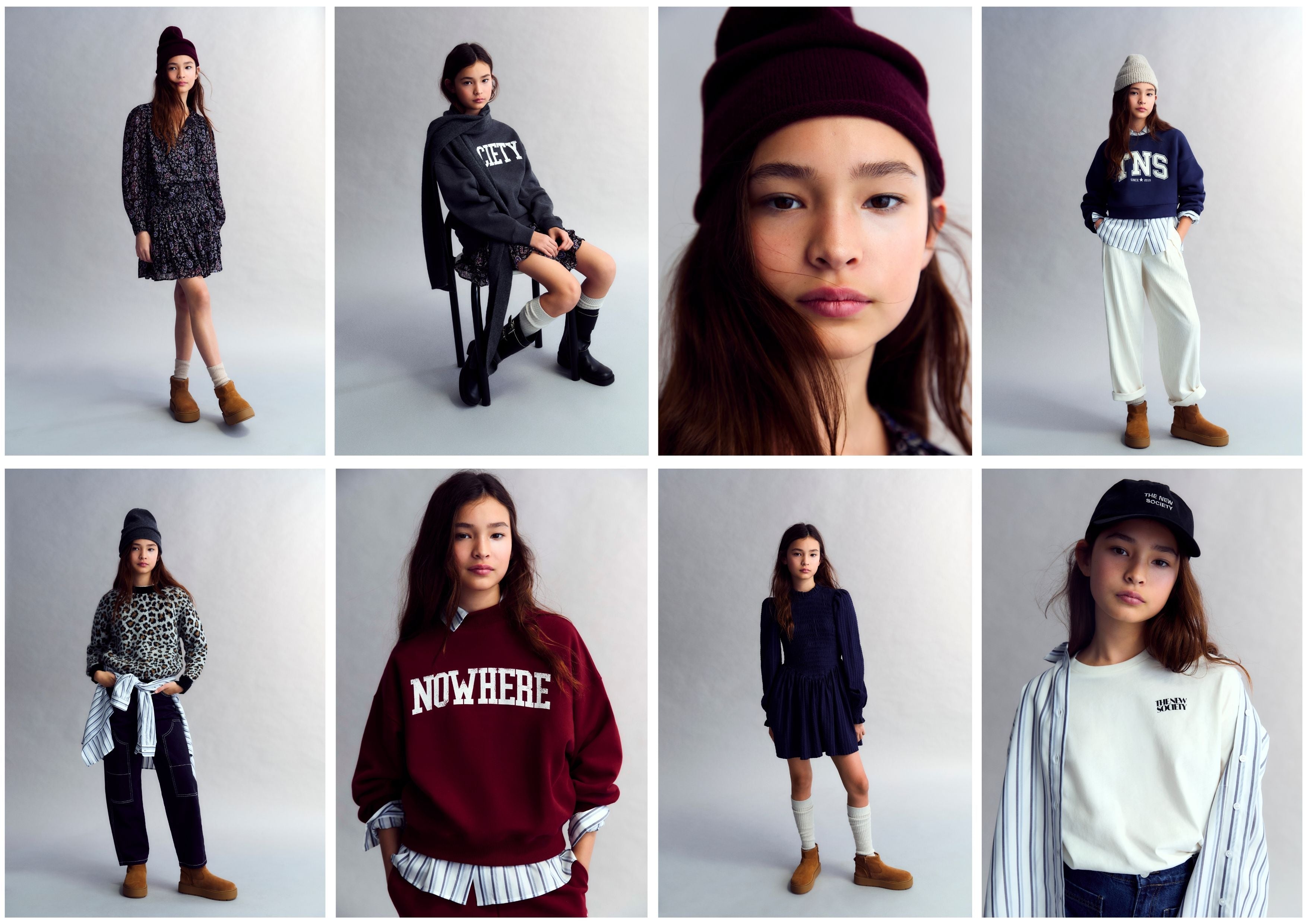 Teenagers wearing The New Society’s Teen Nowhere AW25 collection in an autumnal outdoor setting.