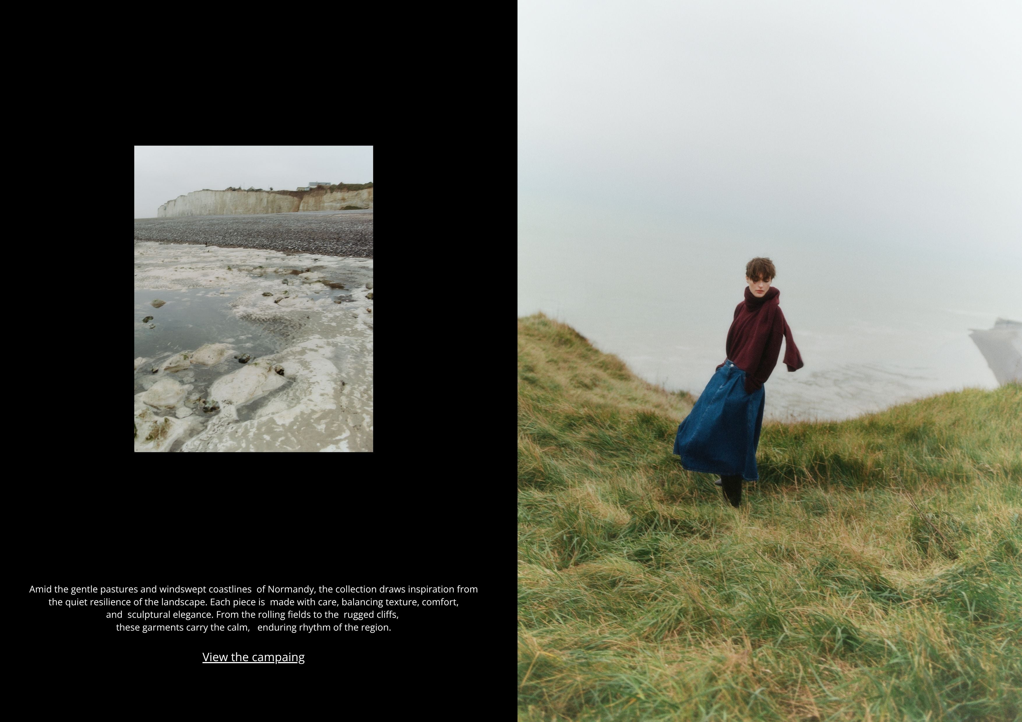 Woman wearing The New Society’s Nowhere AW25 collection, photographed in a natural landscape with soft autumn light