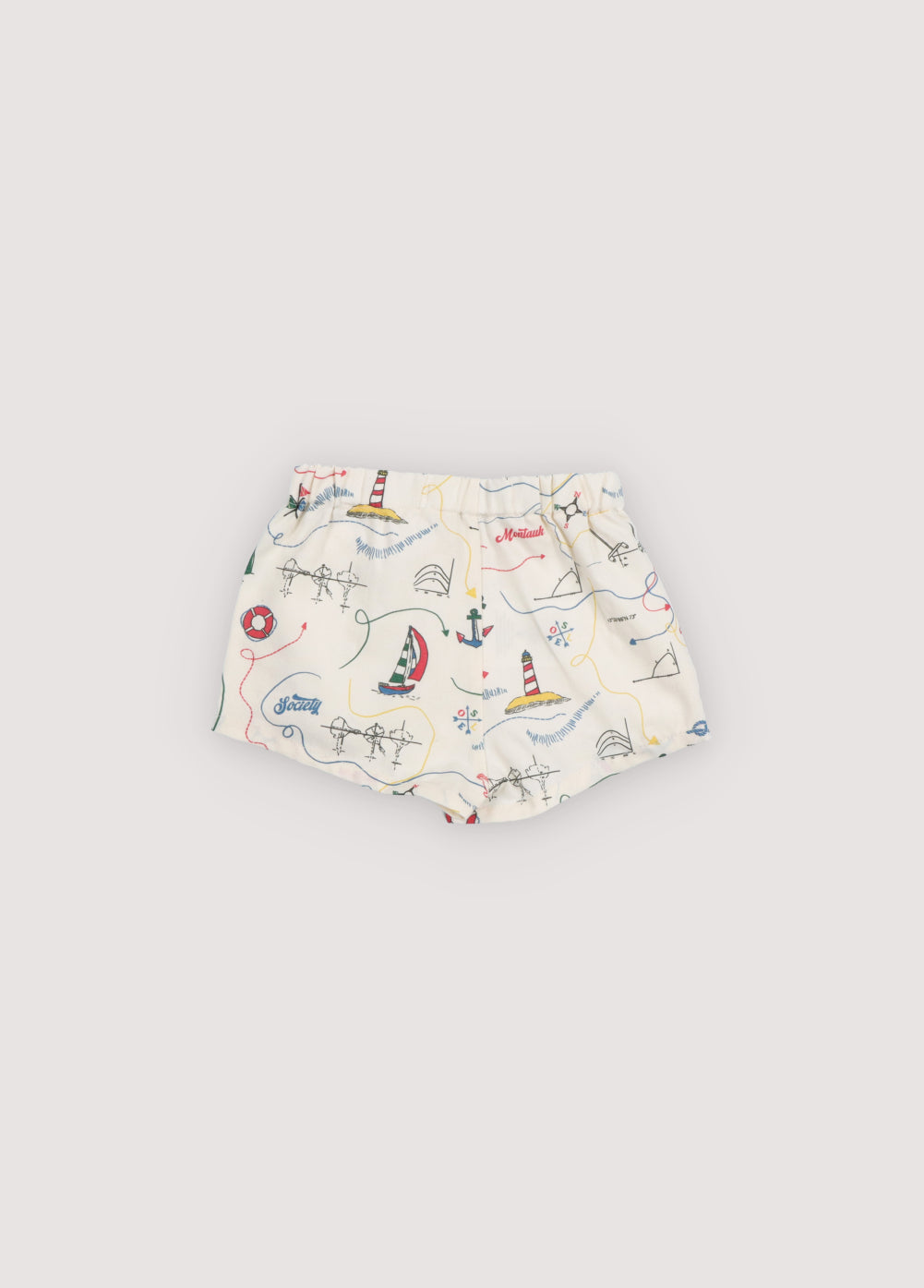 Soft and lightweight cotton bermuda shorts featuring a vibrant multicolor map print and an adjustable drawstring waistband for a comfortable, flexible fit.