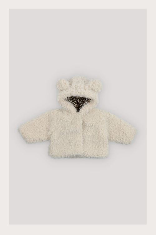 Ninette Baby Girl Coat by The New Society — Moonlight White waterproof shell with hood and playful ear-details, cotton-lined interior with subtle leopard print.