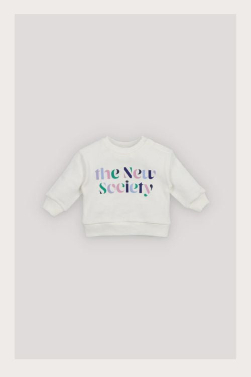 Alice Baby Sweatshirt by The New Society — cosy cotton-elastane fleece with multicoloured brand print on front and shoulder snap opening for easy dressing