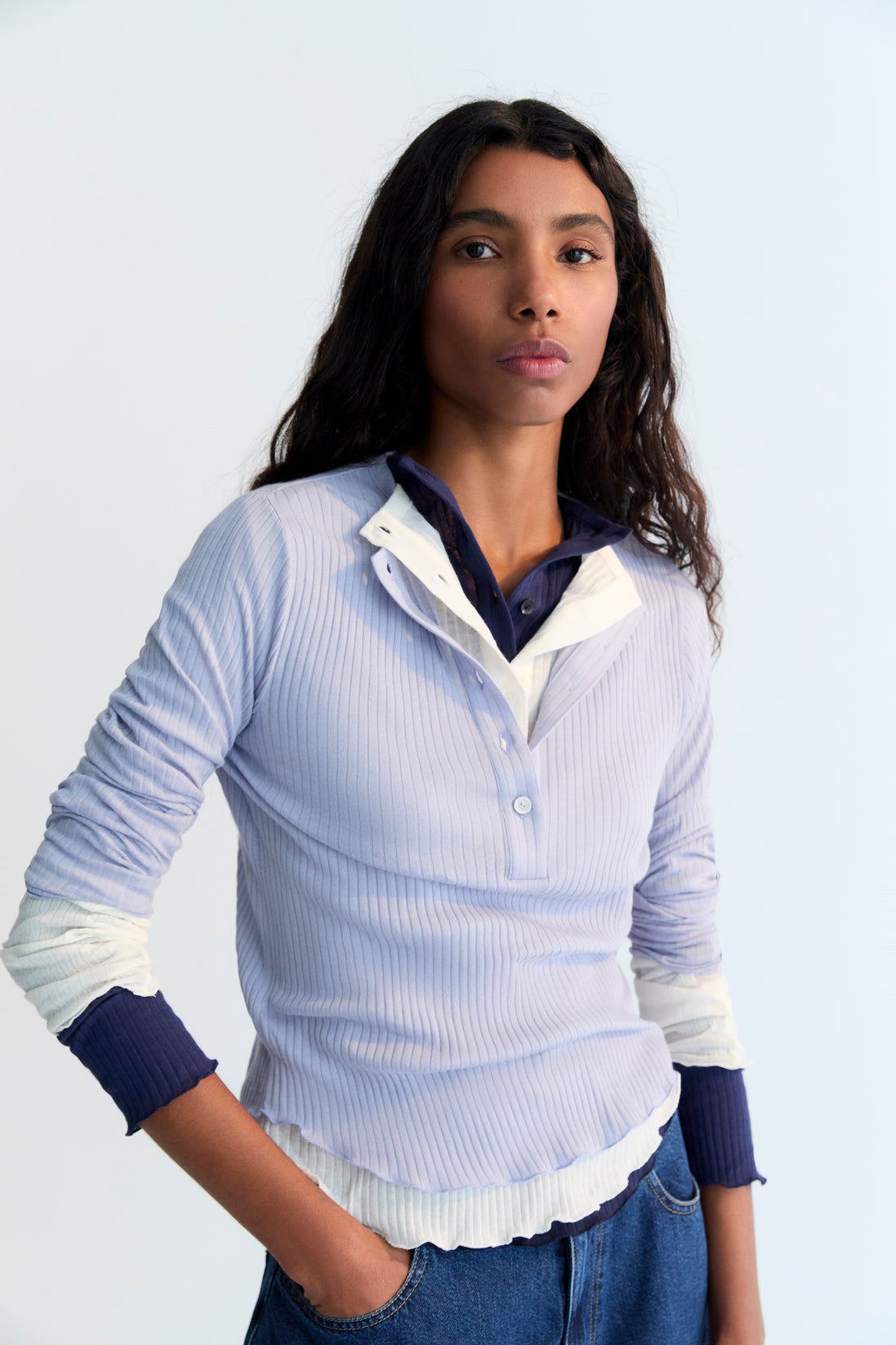 Slim ribbed cotton t-shirt with a ribbed collar and placket, featuring tone-on-tone buttons.