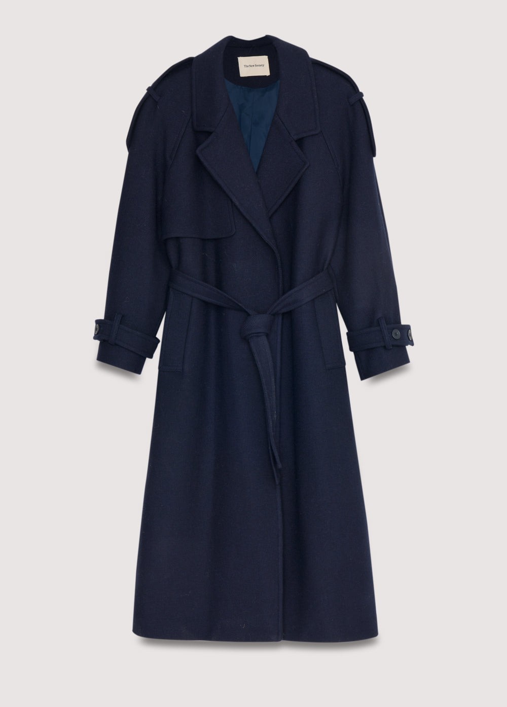 One of our best-selling coats, now in a new version made from high-quality wool. It's a long, double-breasted coat with a matching fabric belt.