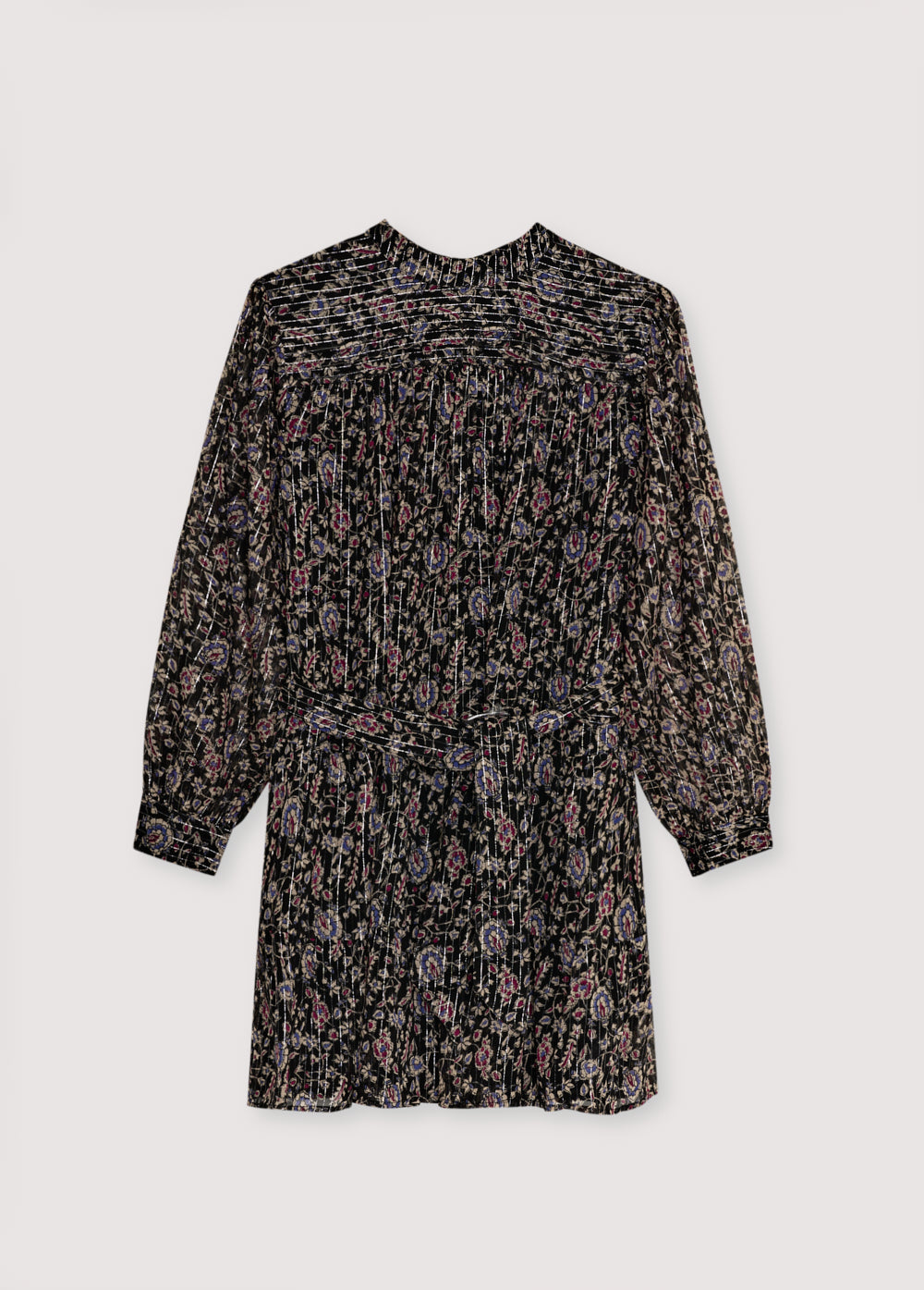 Short dress in viscose fabric with lurex and a printed design. It is fitted at the waist and features pleat details at the front. The skirt is voluminous with a ruffled hem.