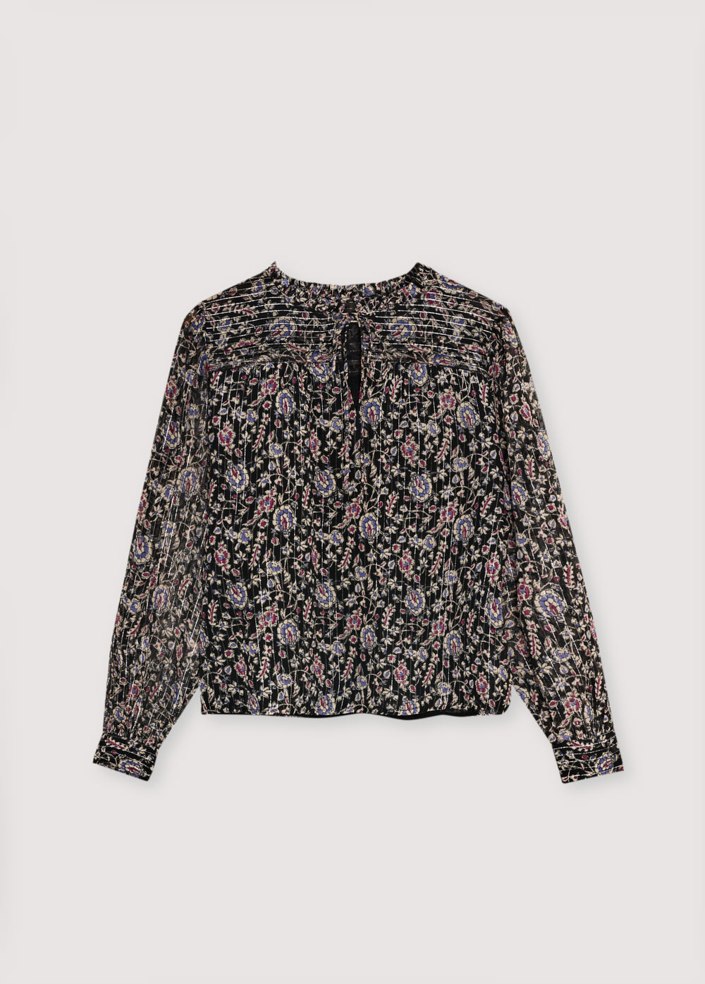 Viscose blouse with lurex and a beautiful print. It features a front keyhole opening with a tie closure and hand-pleated detailing.