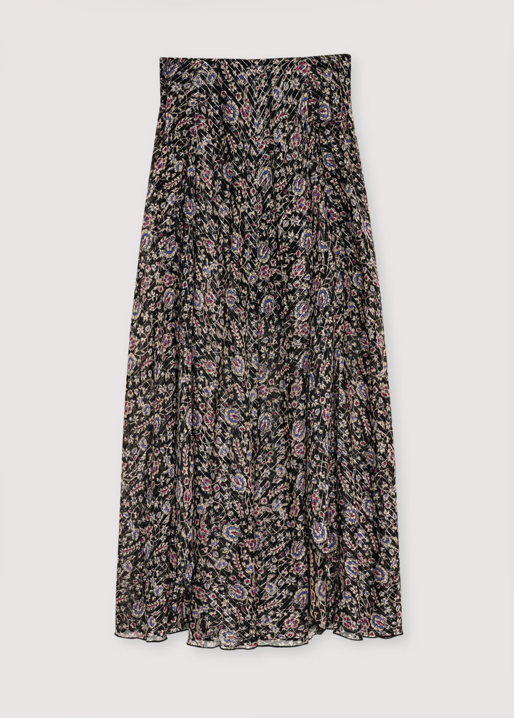 Lurex viscose skirt with a panel design and fluid silhouette. It features a side opening with a zipper.