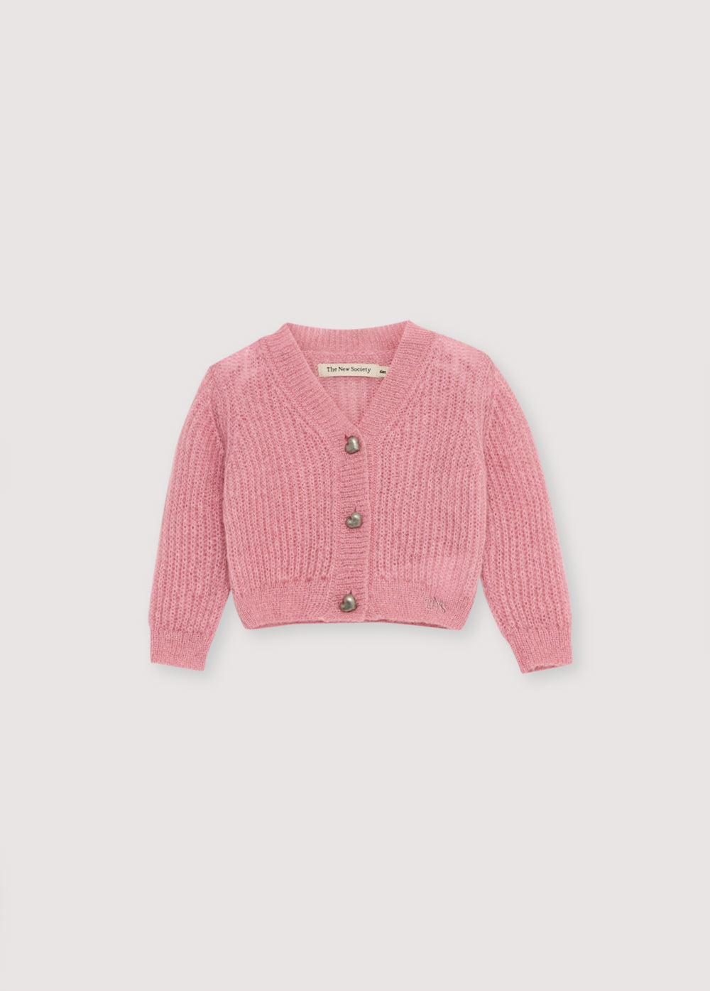 Fine rib knit mohair cardigan with a V-neck and original silver heart-shaped buttons. It pairs perfectly with matching knit leggings for a complete look.