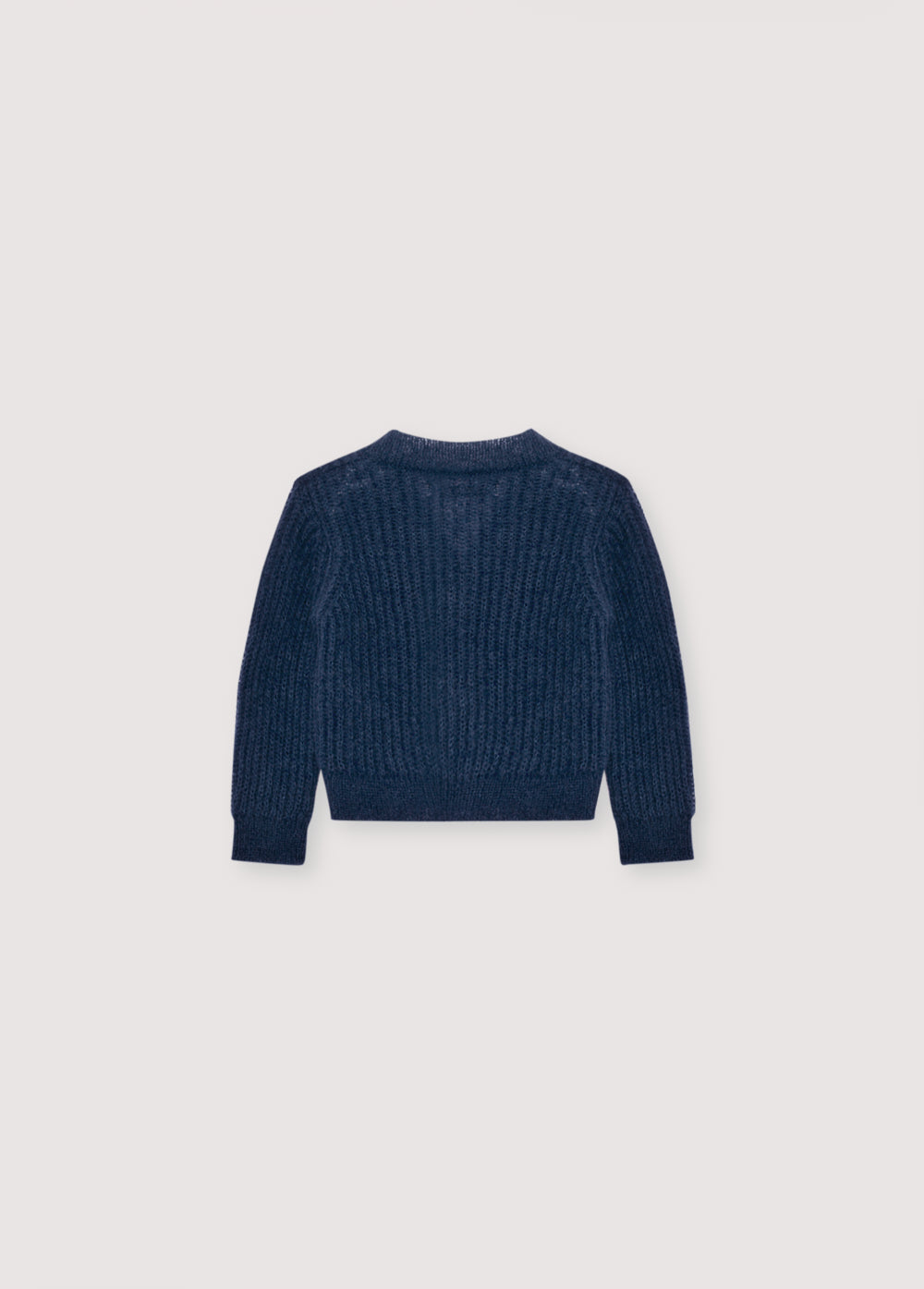 Fine rib knit mohair cardigan with a V-neck and original silver heart-shaped buttons. It pairs perfectly with matching knit leggings for a complete look.