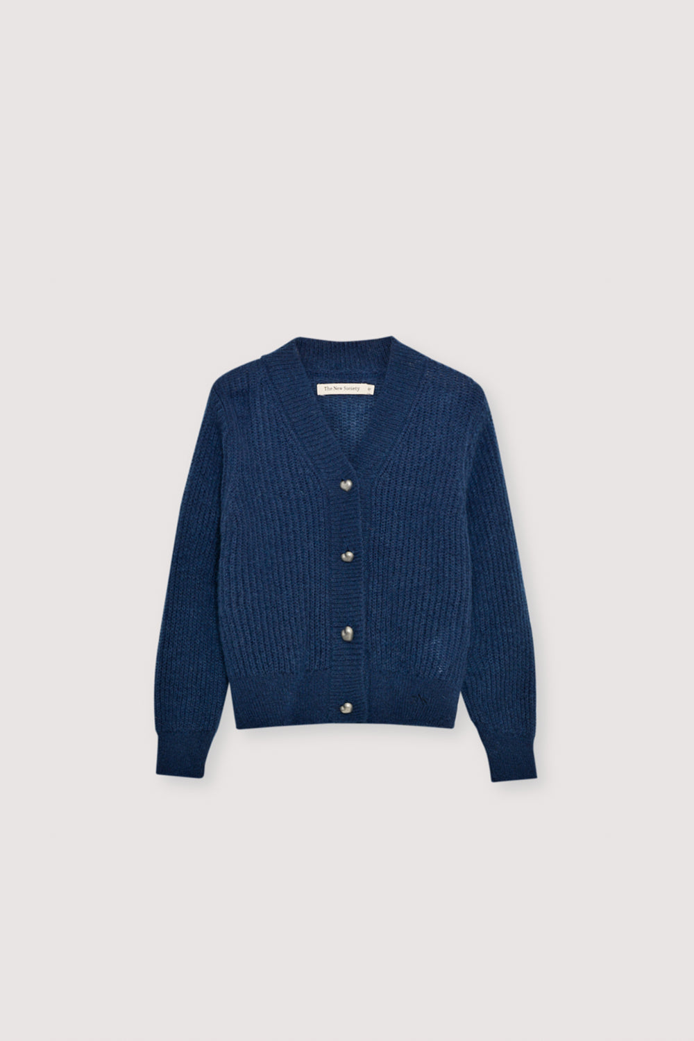 Fine rib knit mohair cardigan with a V-neck and original silver heart-shaped buttons. It pairs perfectly with matching knit leggings for a complete look.  It feautures a TNS embroidery on tone on hem rib.