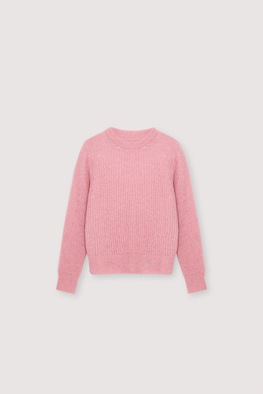 Fine rib knit mohair sweater with a round neckline and ribbing at the neck, cuffs, and hem.  It feautures a TNS embroidery on tone on hem rib.