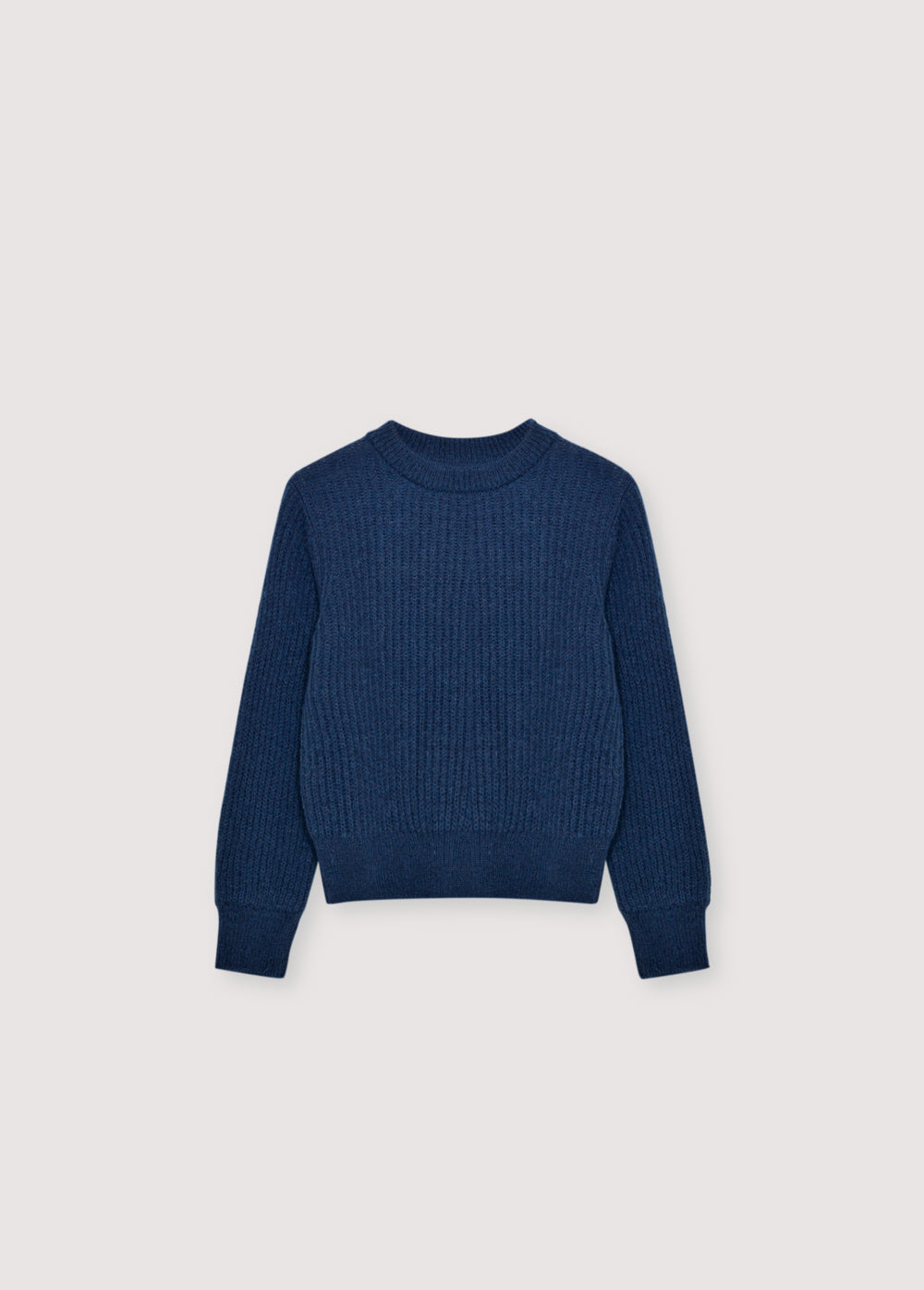 Fine rib knit mohair sweater with a round neckline and ribbing at the neck, cuffs, and hem.  It feautures a TNS embroidery on tone on hem rib.
