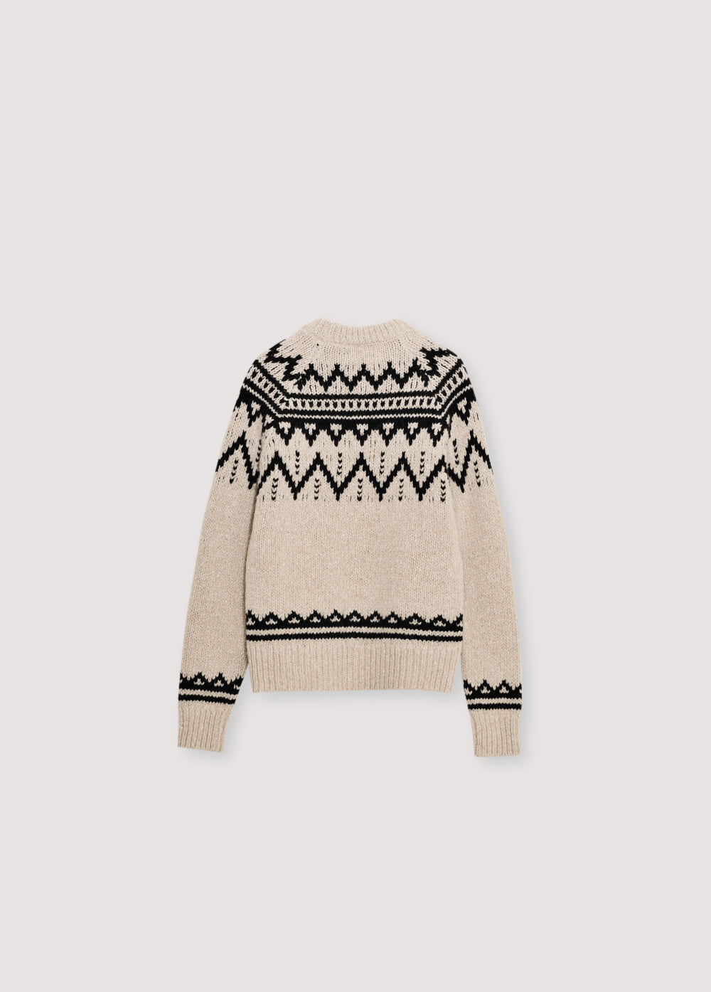 Wool sweater with a beautiful jacquard contrast detail on the front, back, and sleeves.