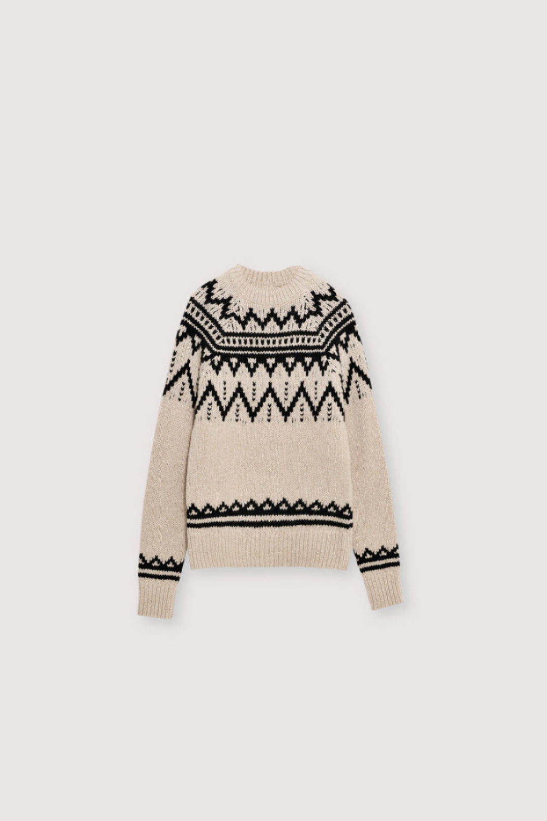 Wool sweater with a beautiful jacquard contrast detail on the front, back, and sleeves.