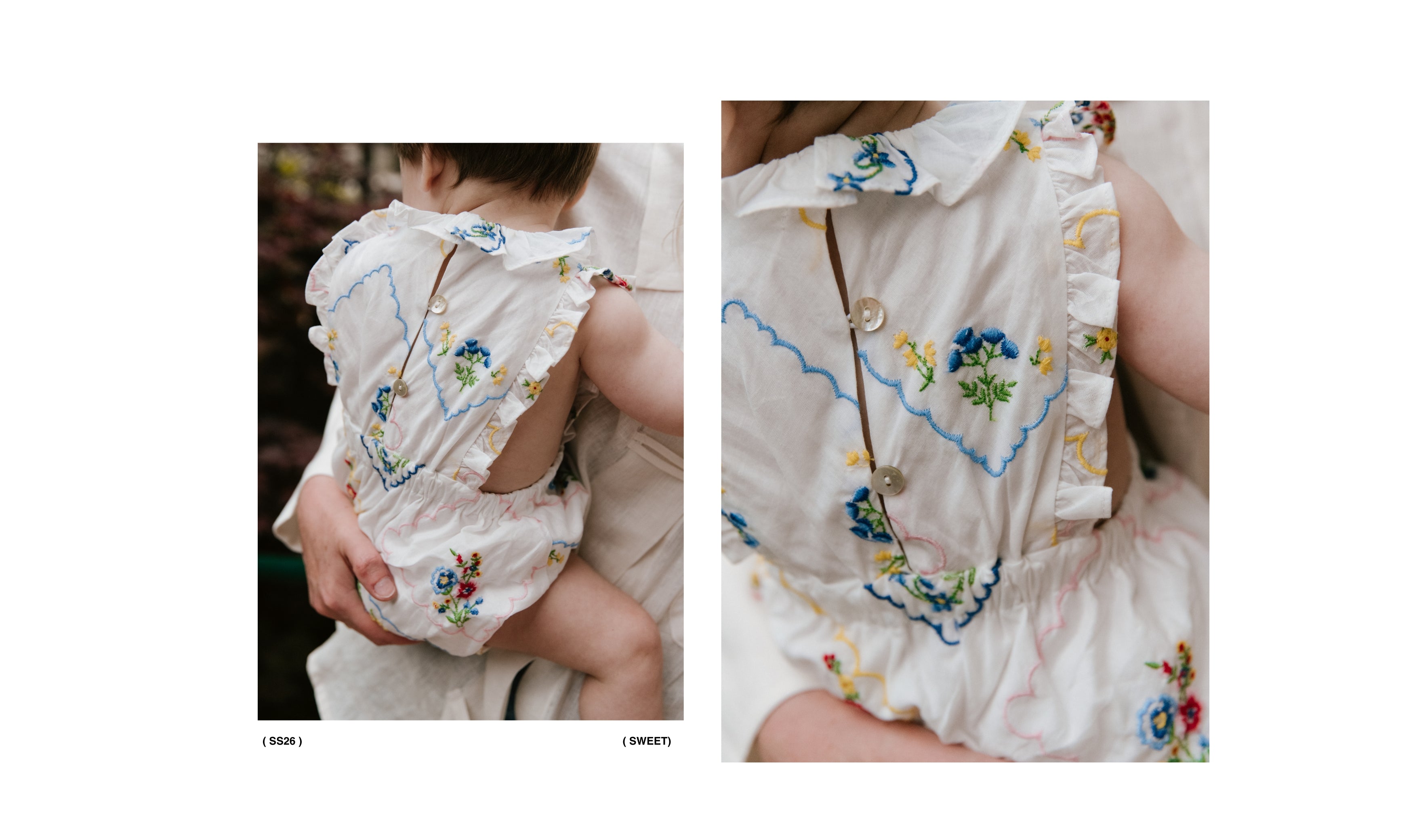 Baby romper crafted from 100% cotton, featuring a special and delicate all-over multicolor floral embroidery.
