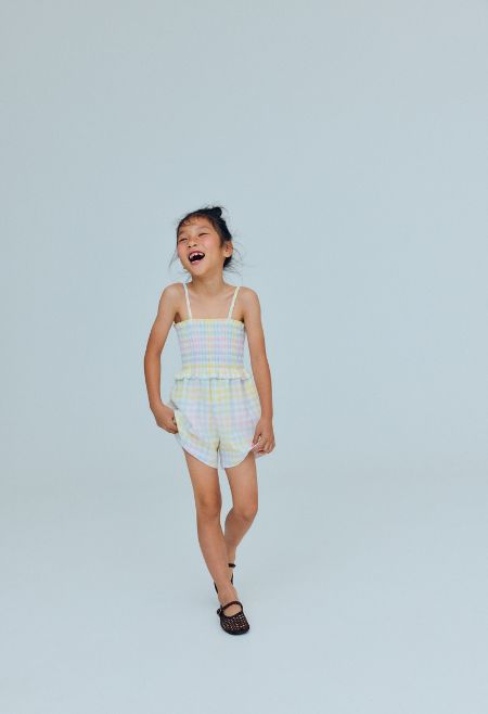 Cotton jumpsuit in lightweight seersucker fabric with a pretty colorful check pattern