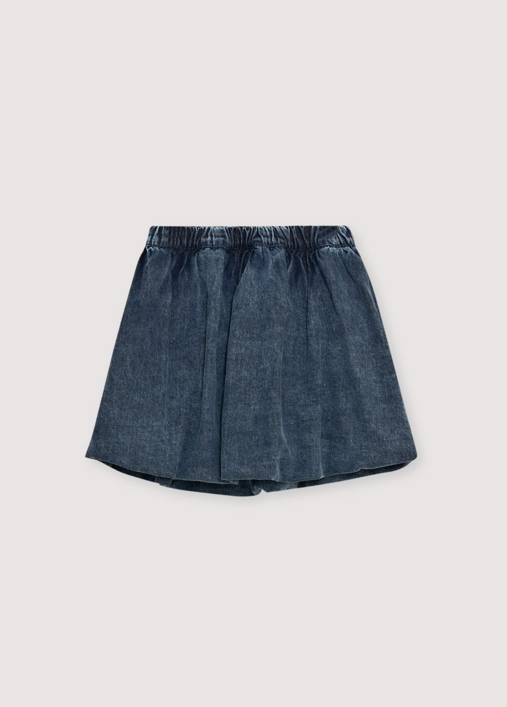 Short washed dark denim bubble skirt with an elastic waistband.