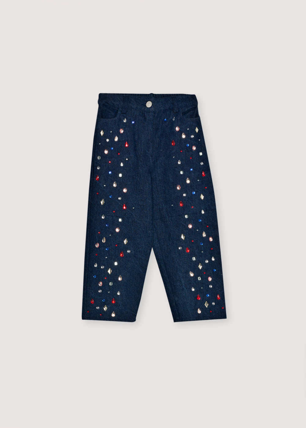 Dark denim pants with hand-applied multicolor crystal details on the front. TNS embroidery in lurex. Perfect to combine with the matching jacket.