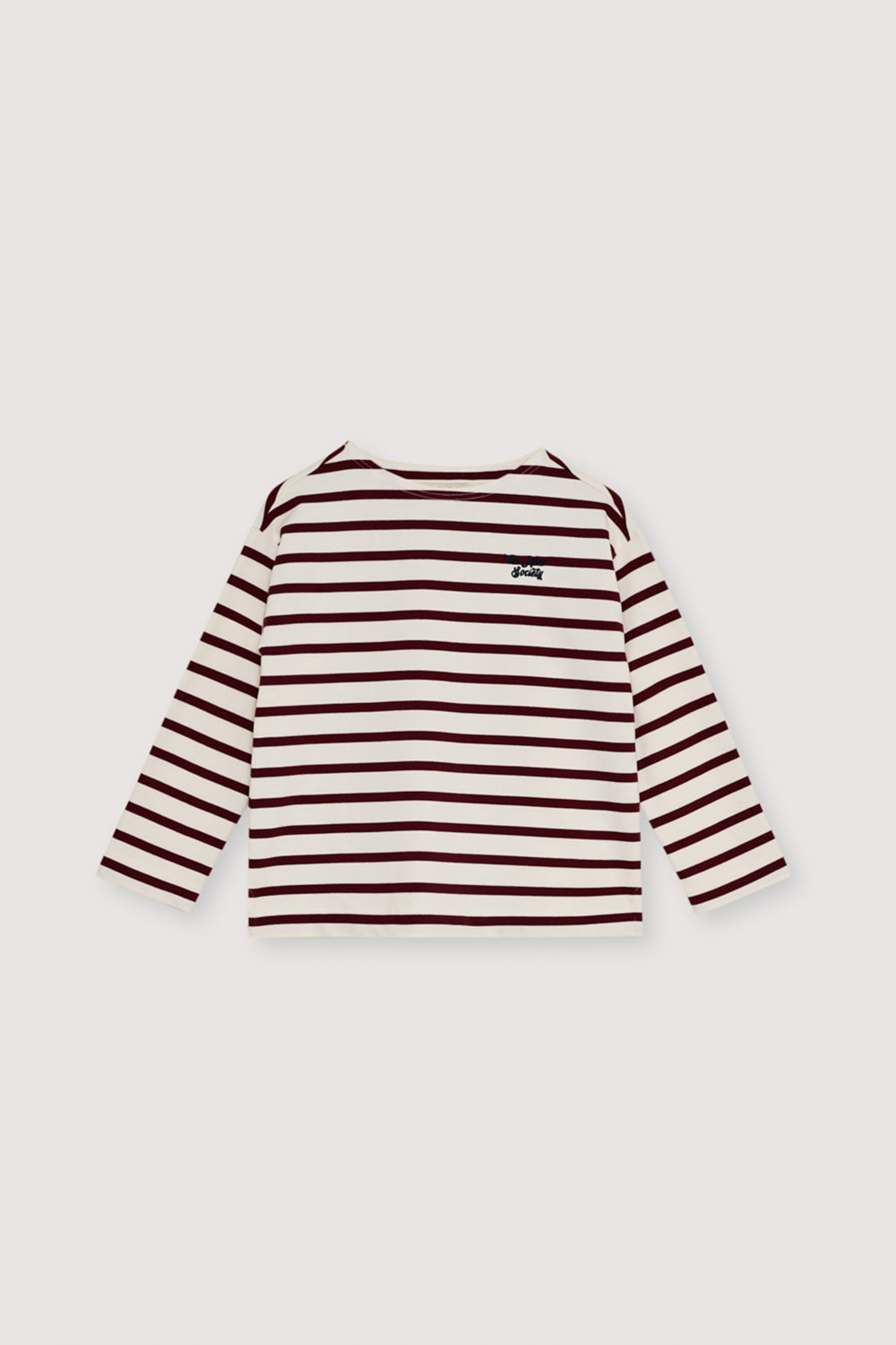 Thick jersey long-sleeved t-shirt, bicolor stripes and contrast embroidery detail on the chest. With boat neck and side slits. Brushed on the inside and outside.