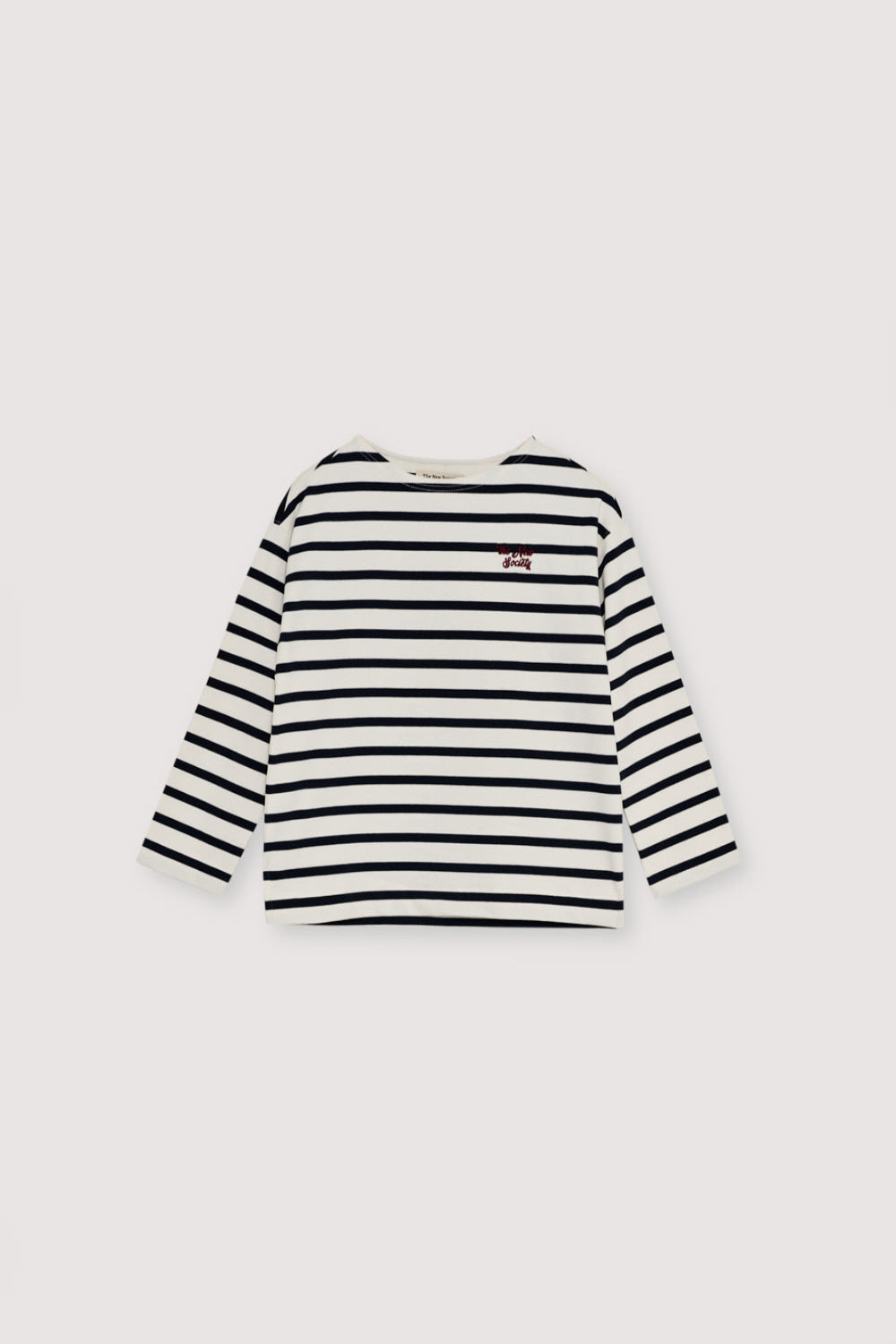 Thick jersey long-sleeved t-shirt, bicolor stripes and contrast embroidery detail on the chest. With boat neck and side slits. Brushed on the inside and outside.