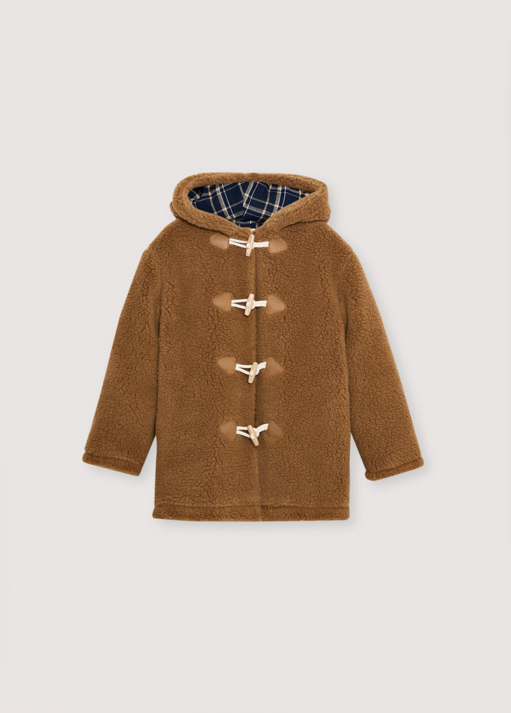 Coat with a hood and front closure with wooden toggles. It features side pockets and an interior with plaid flannel check fabric.